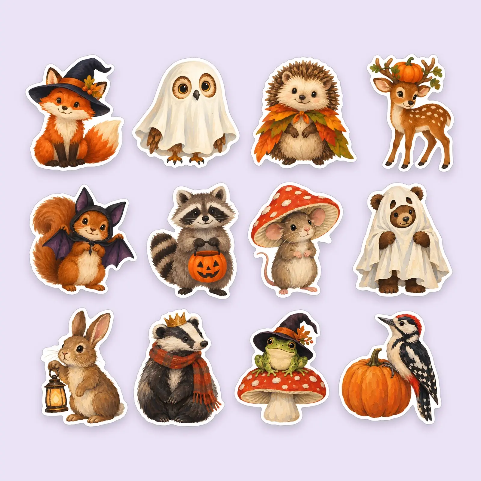 Costumed Woodland Creatures Sticker Pack – 12 Painted Spooky-Cute Animal Stickers preview