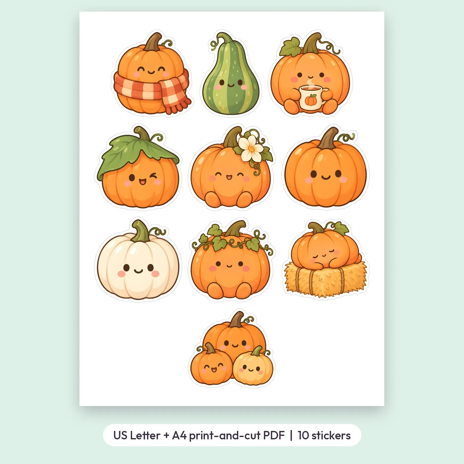 Kawaii Pumpkin Patch Friends Sticker Pack – 10 Smiling Pumpkin Stickers, preview 2 of 4