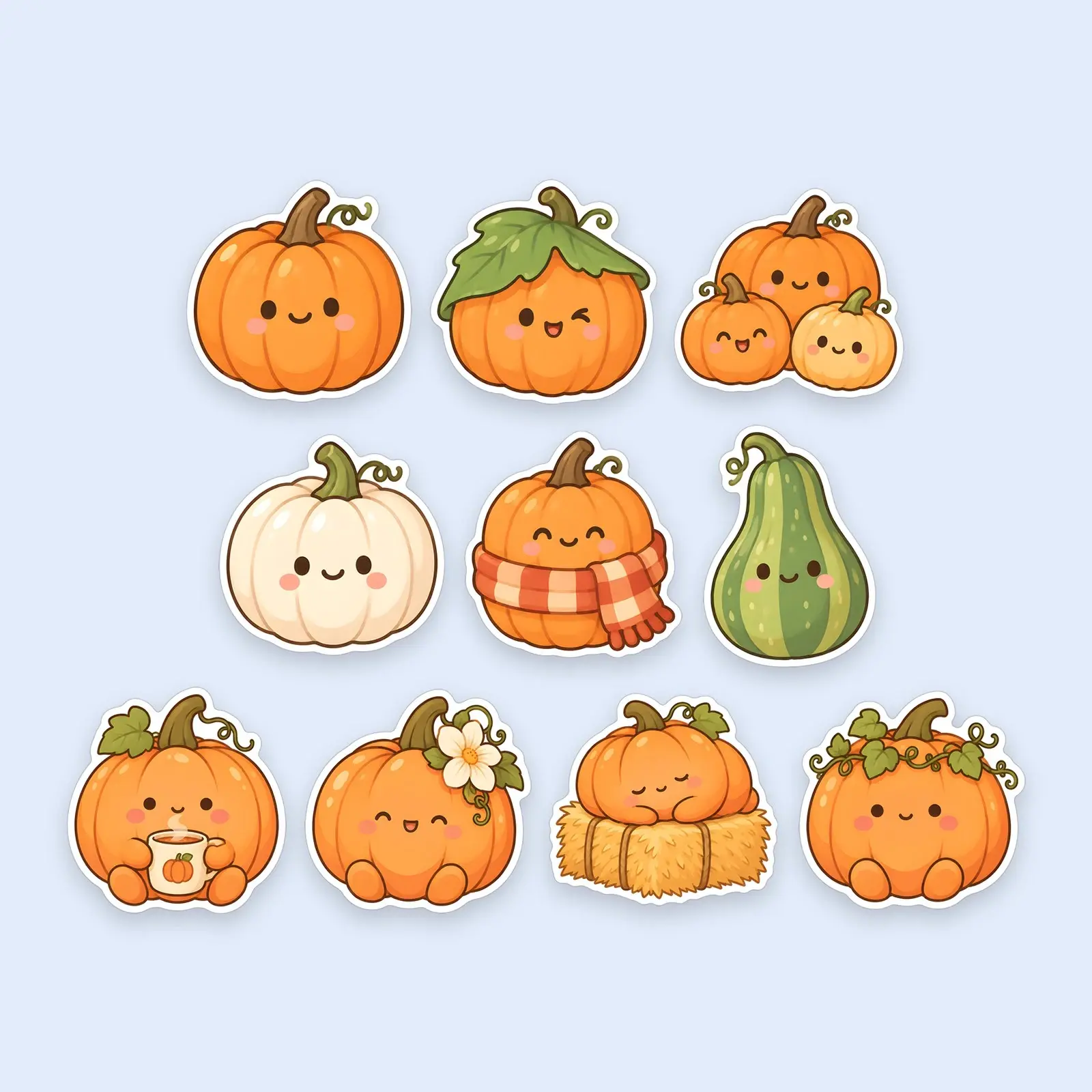 Kawaii Pumpkin Patch Friends Sticker Pack – 10 Smiling Pumpkin Stickers, preview 1 of 4