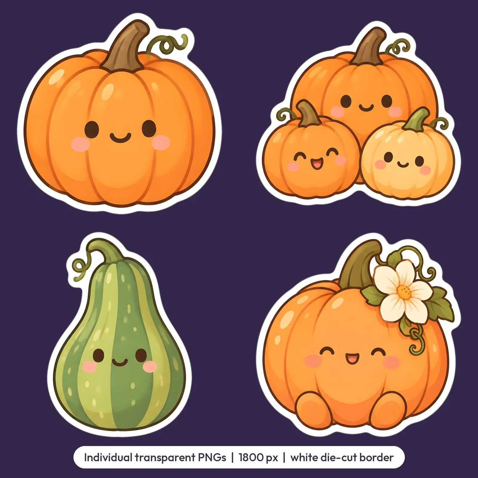 Kawaii Pumpkin Patch Friends Sticker Pack – 10 Smiling Pumpkin Stickers, preview 3 of 4