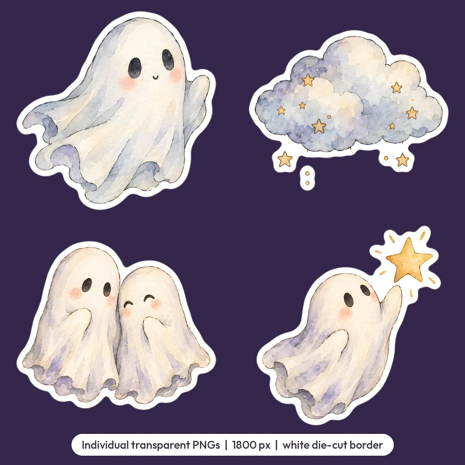 Soft Watercolor Ghosts and Night Sky Sticker Set – 8 Dreamy Printable Stickers, preview 3 of 3