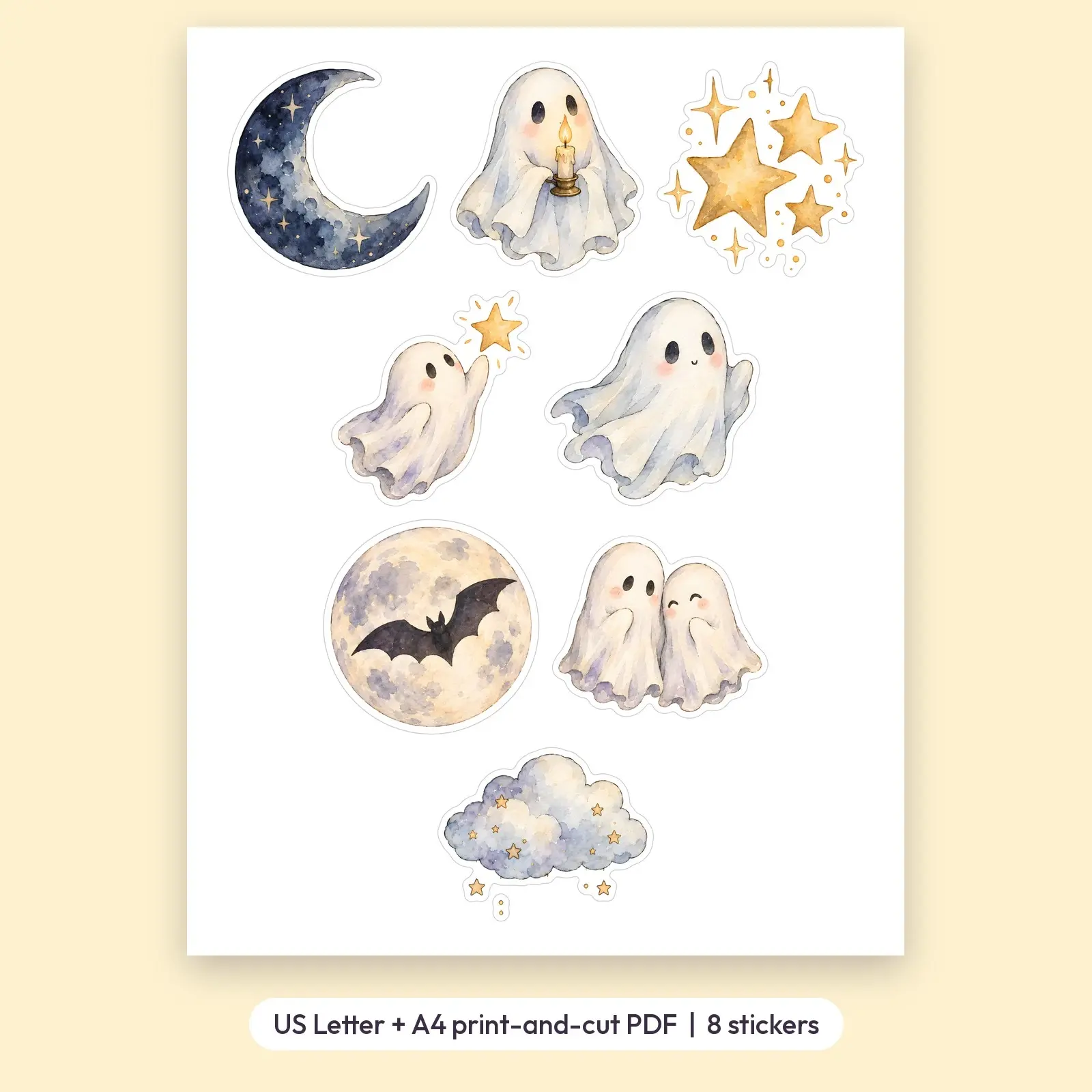 Soft Watercolor Ghosts and Night Sky Sticker Set – 8 Dreamy Printable Stickers, preview 2 of 3