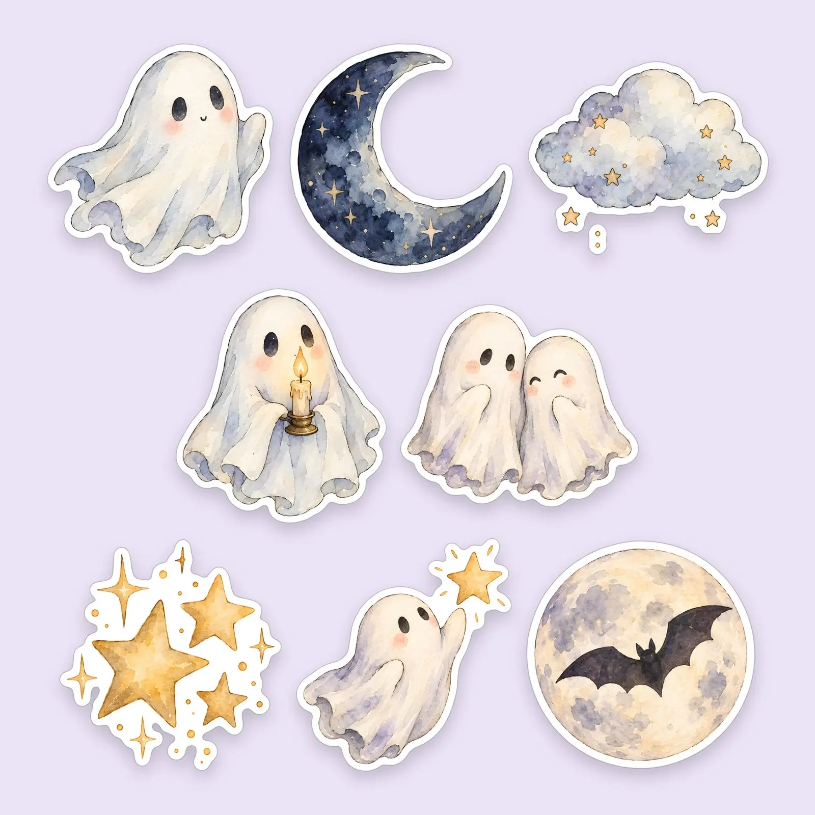 Soft Watercolor Ghosts and Night Sky Sticker Set – 8 Dreamy Printable Stickers preview