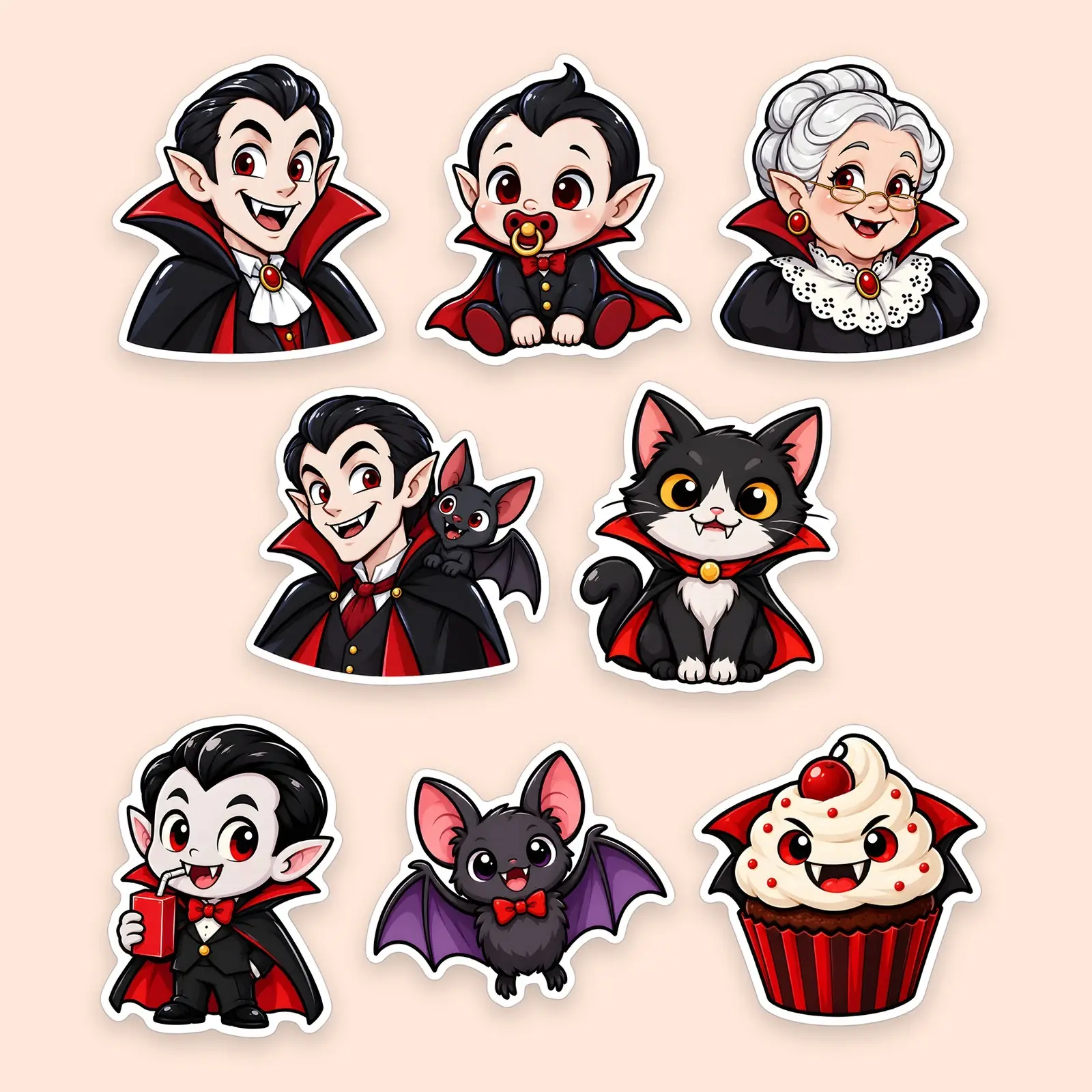 Friendly Vampire and Bat Family Sticker Set – 8 Bold Cartoon Spooky-Cute Stickers preview