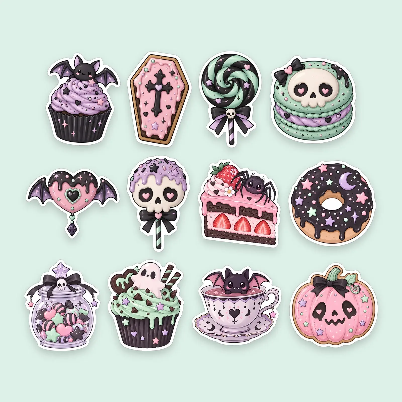 Pastel Goth Sweet Treats Sticker Pack – 12 Cute Creepy Candy and Cake Stickers preview