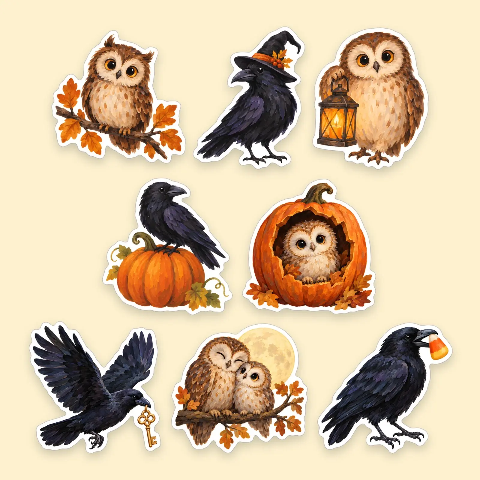 Cute Night Owls and Crows Sticker Pack – 8 Painted Halloween Bird Stickers preview