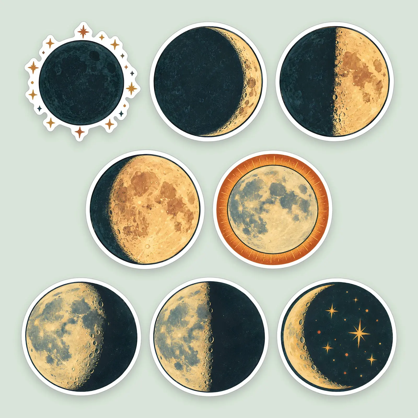 Vintage Moon Phases Sticker Set – 8 Printable Lunar Phase Stickers preview