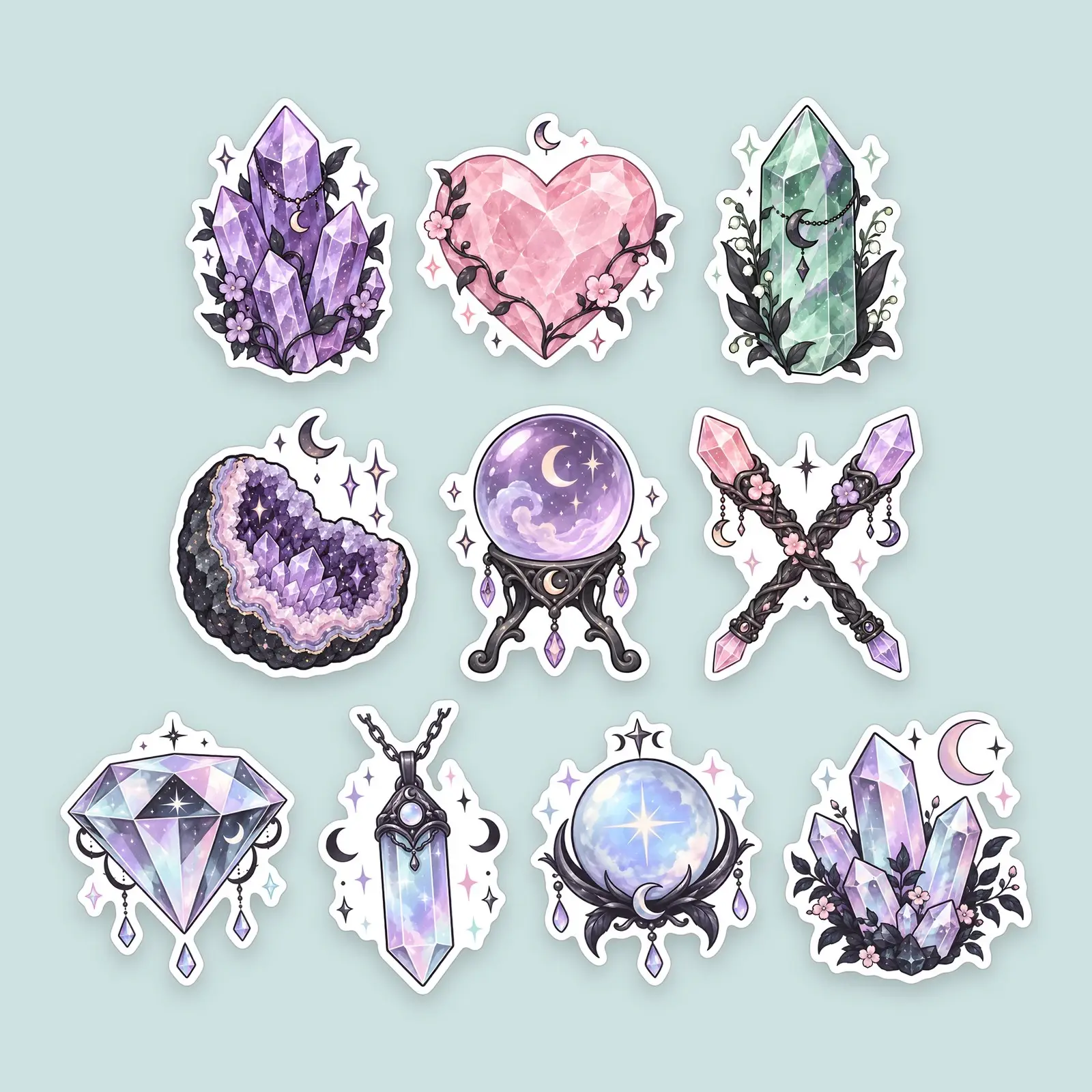 Pastel Crystals and Gems Sticker Pack – 10 Pastel Goth Crystal Stickers preview