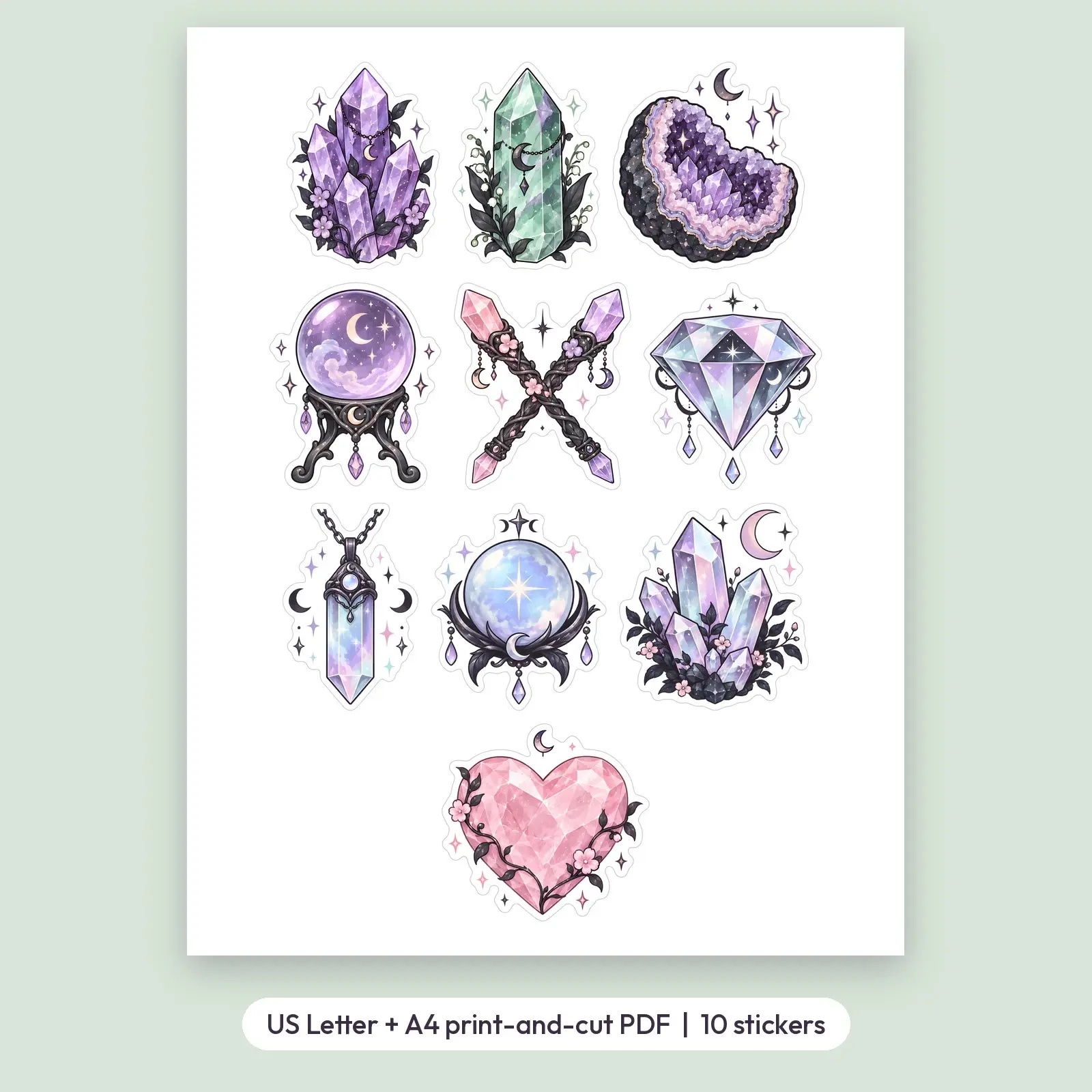 Pastel Crystals and Gems Sticker Pack – 10 Pastel Goth Crystal Stickers, preview 2 of 4