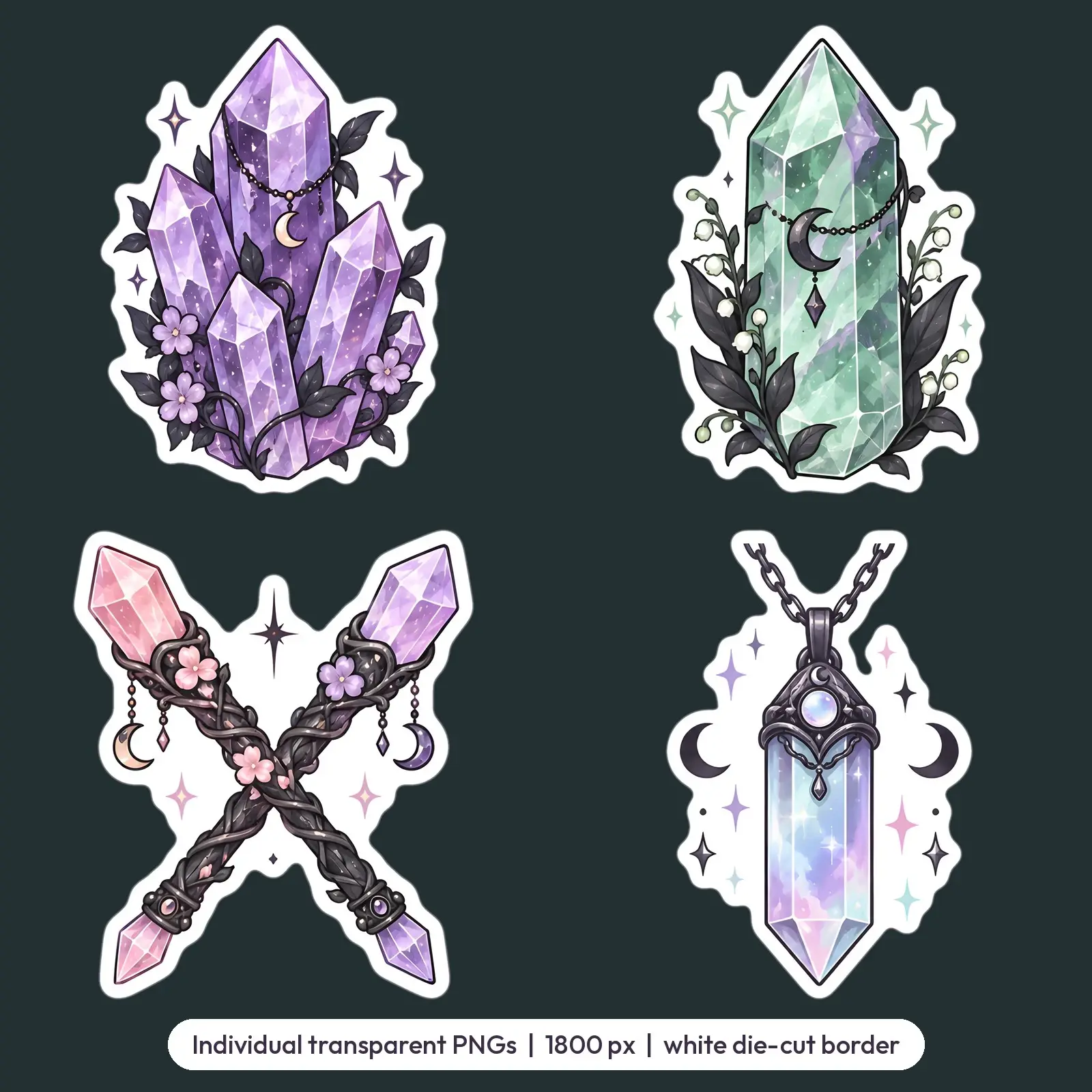 Pastel Crystals and Gems Sticker Pack – 10 Pastel Goth Crystal Stickers, preview 3 of 4