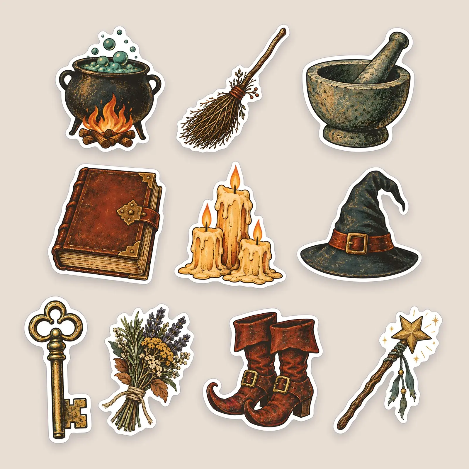 Witch's Spell Kit Sticker Pack – 10 Vintage-Style Cauldron and Spell Supply Stickers, preview 1 of 3