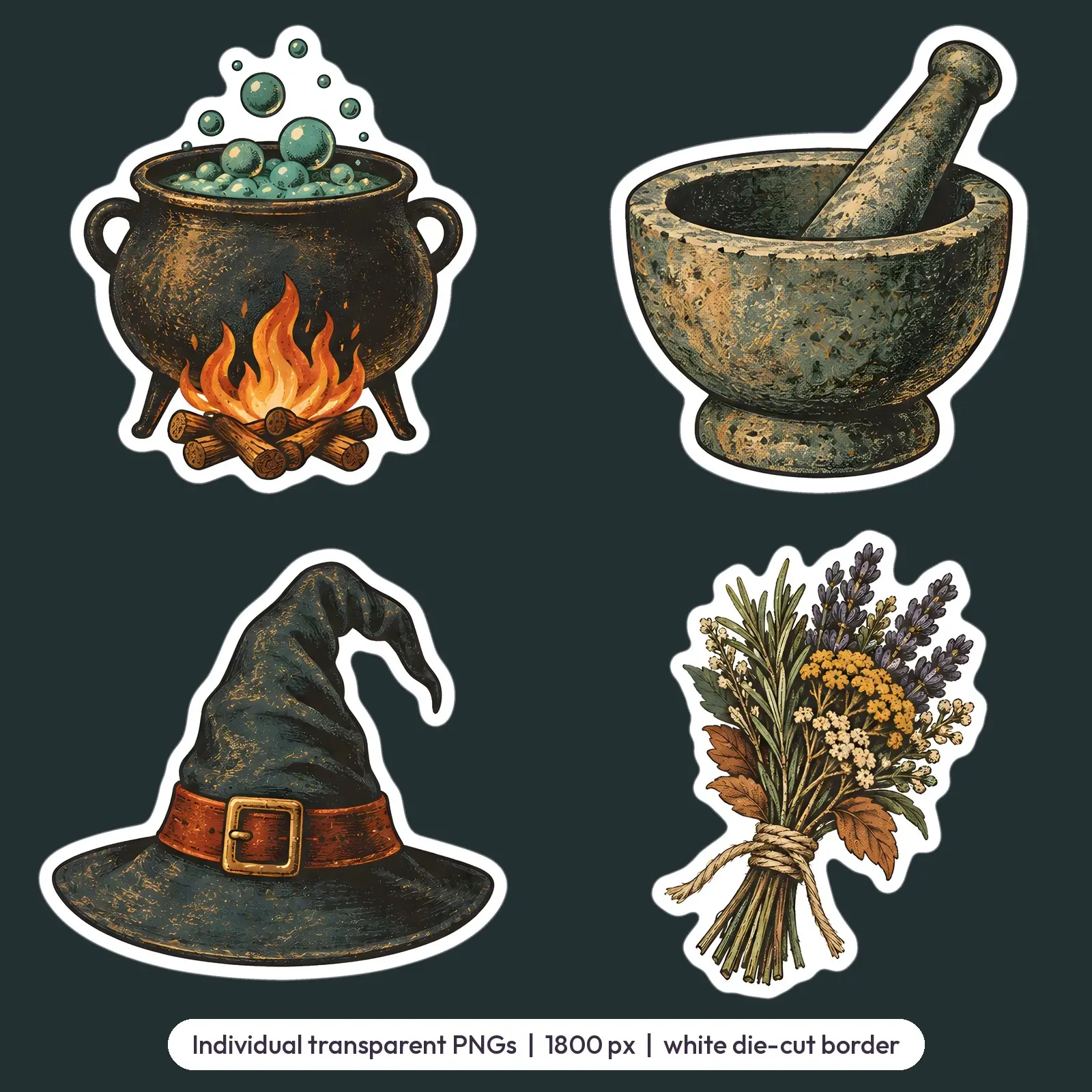Witch's Spell Kit Sticker Pack – 10 Vintage-Style Cauldron and Spell Supply Stickers, preview 3 of 3