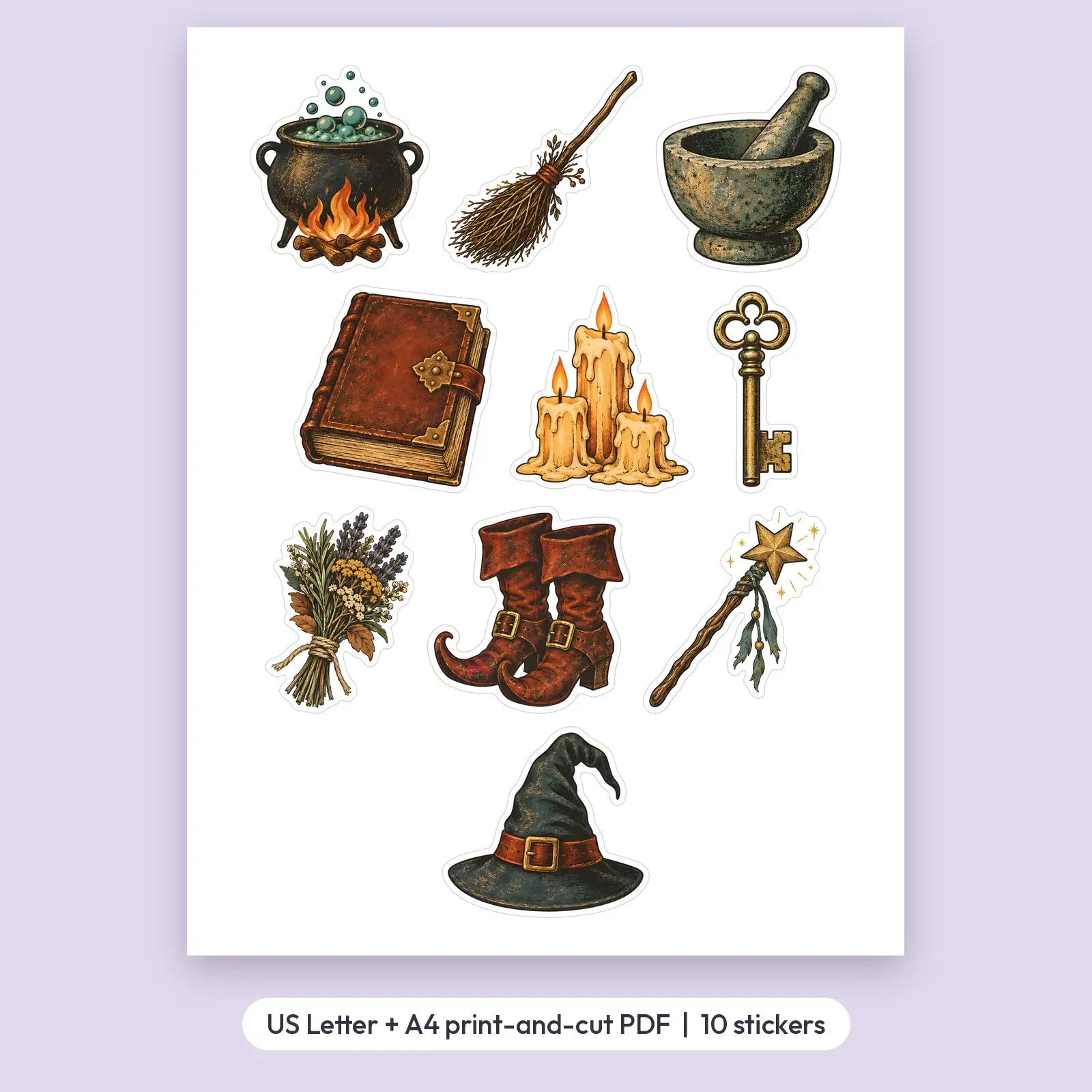 Witch's Spell Kit Sticker Pack – 10 Vintage-Style Cauldron and Spell Supply Stickers, preview 2 of 3