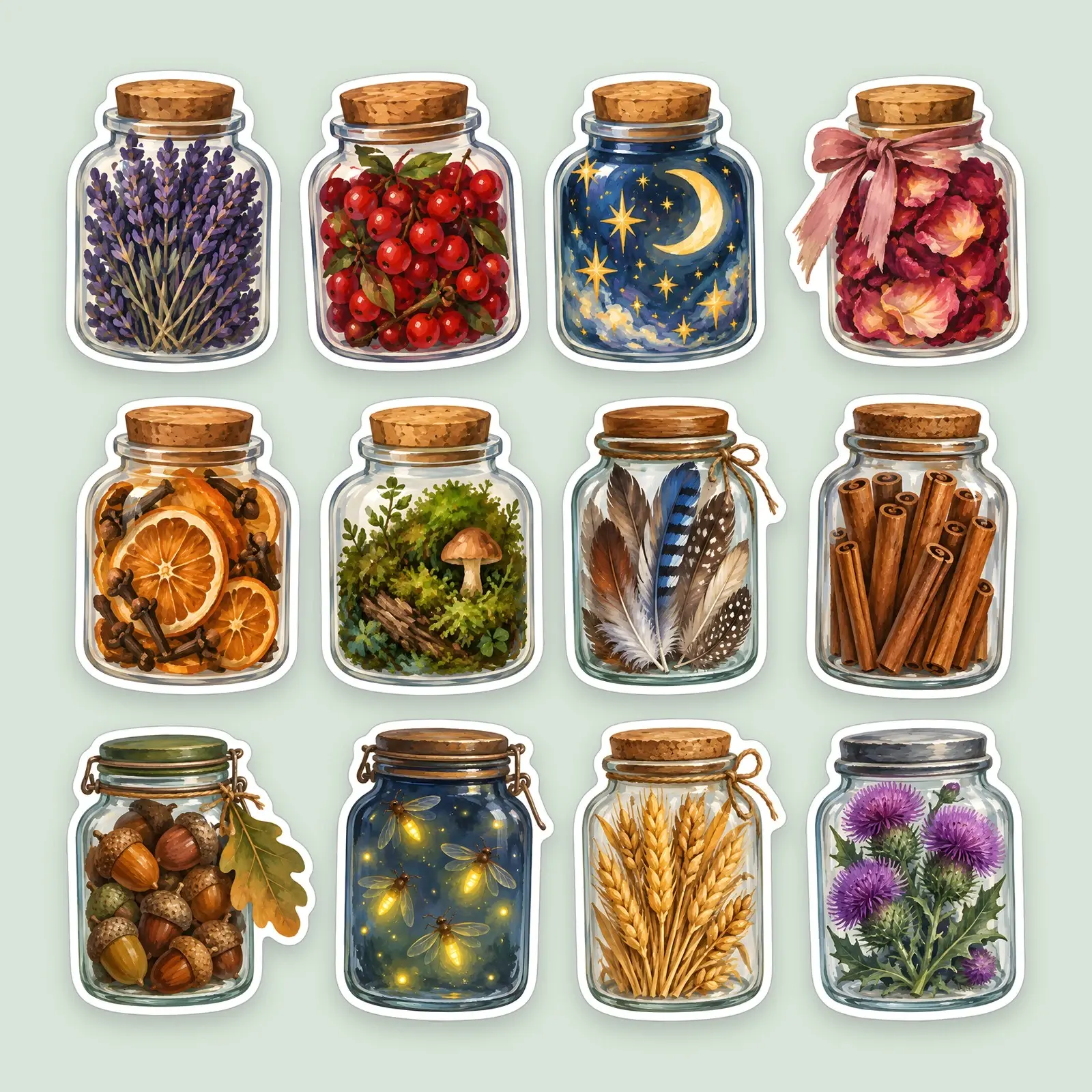 Spell Jar Botanicals Sticker Pack – 12 Painted Apothecary Jar Stickers preview