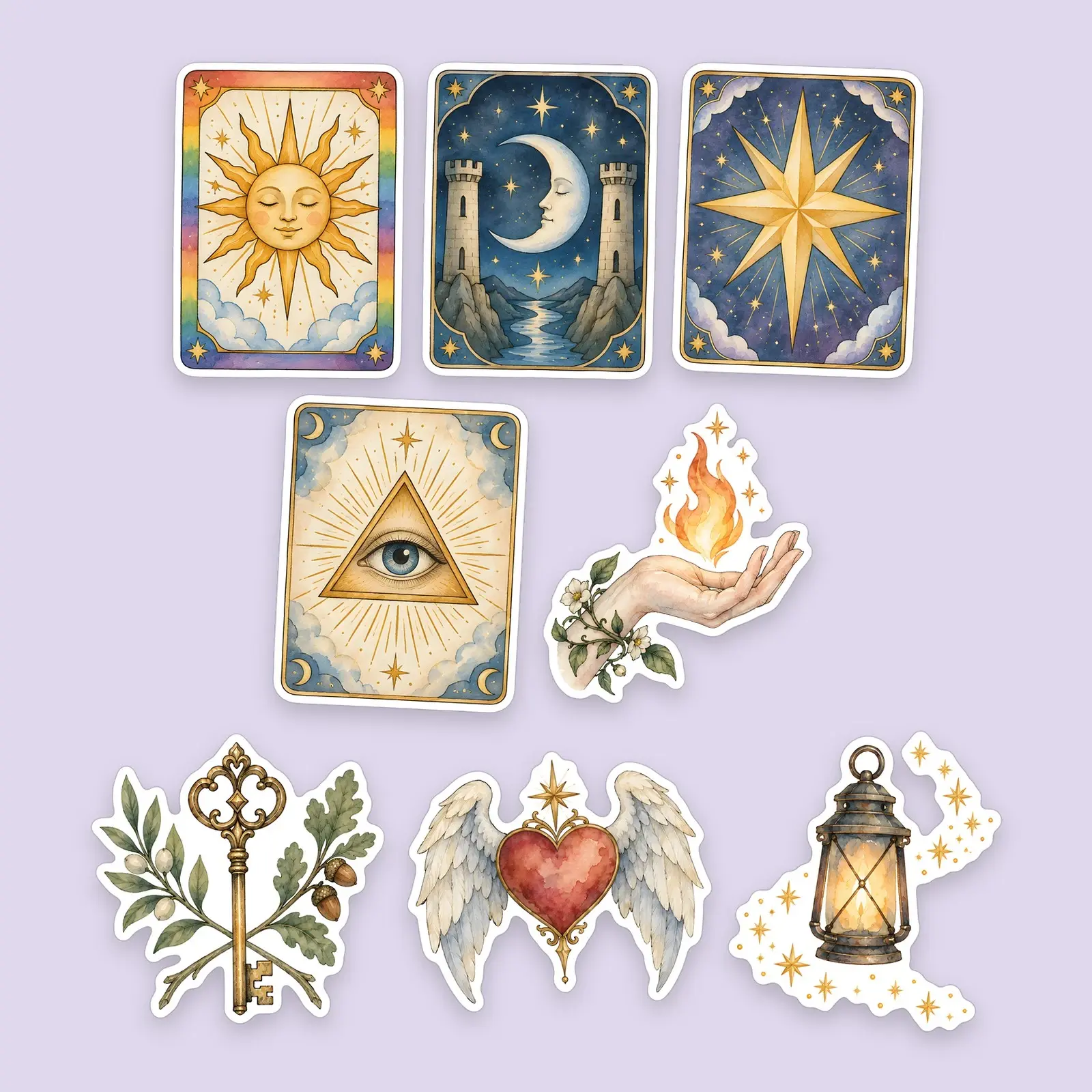 Celestial Tarot-Style Cards Sticker Set – 8 Watercolor Card Stickers (No Text) preview