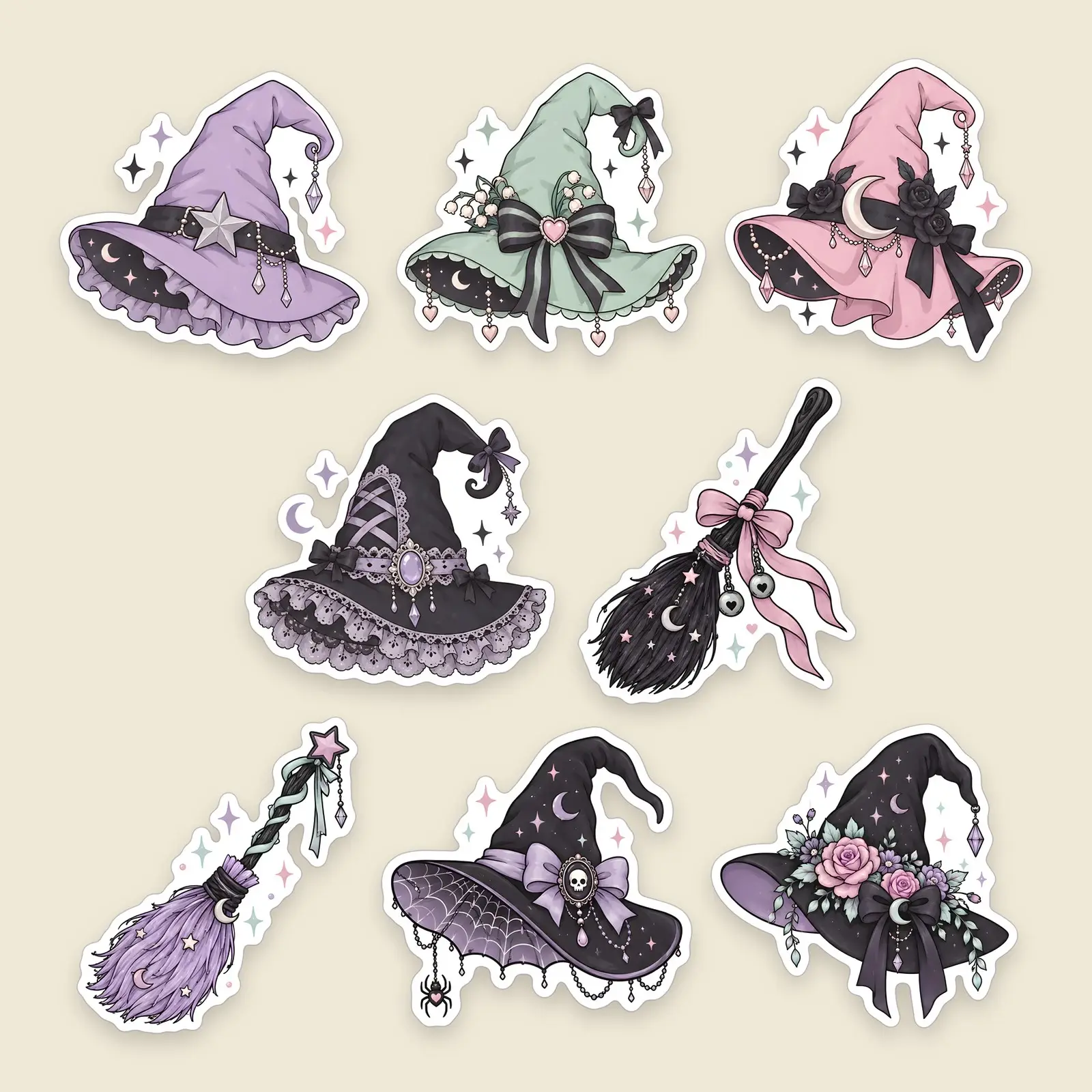 Pastel Witch Hats and Brooms Sticker Pack – 8 Cute Goth Witch Accessory Stickers preview