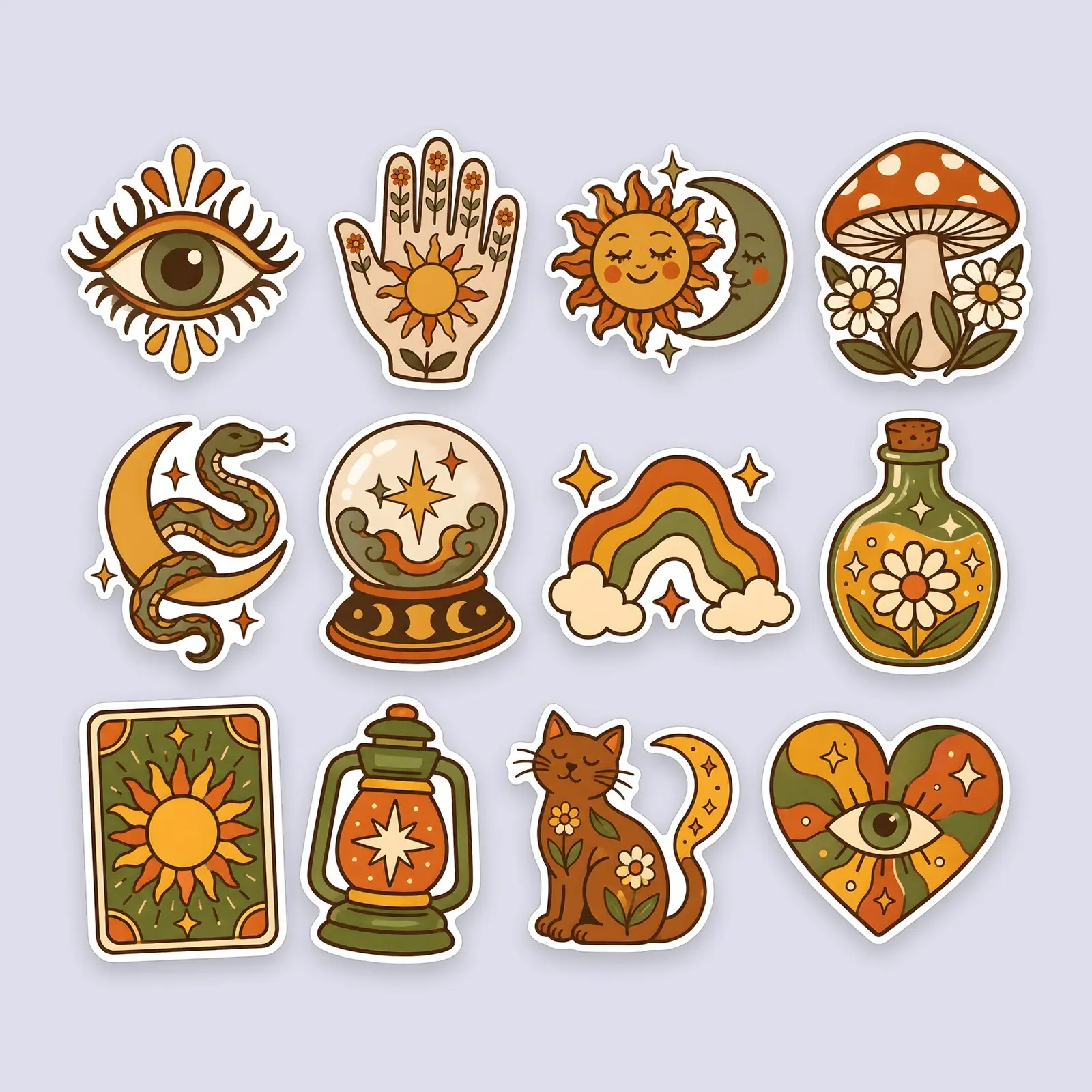 Retro Boho Witch Sticker Pack – 12 Groovy 70s Witchy Sticker Designs preview