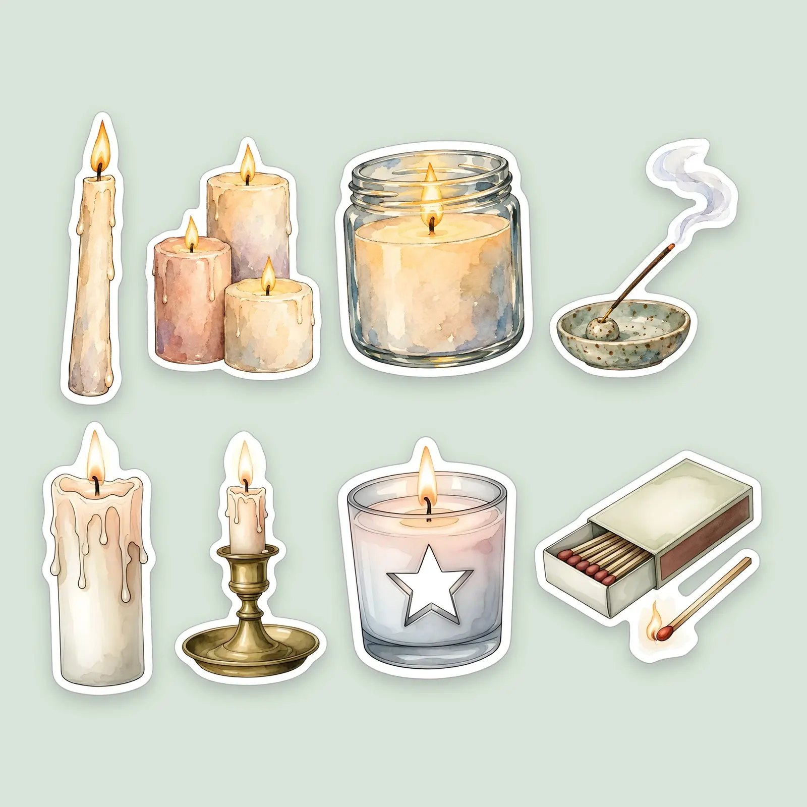 Spell Candles and Incense Sticker Set – 8 Cozy Witchy Watercolor Stickers preview