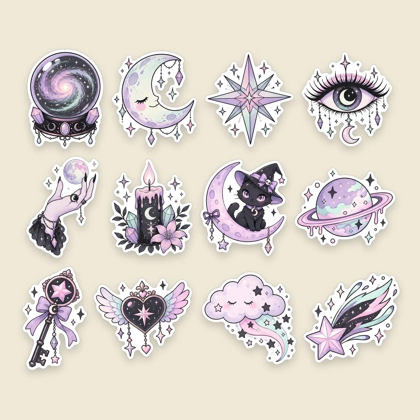 Pastel Celestial Magic Sticker Pack – 12 Cute Goth Moon, Star and Crystal Ball Stickers preview