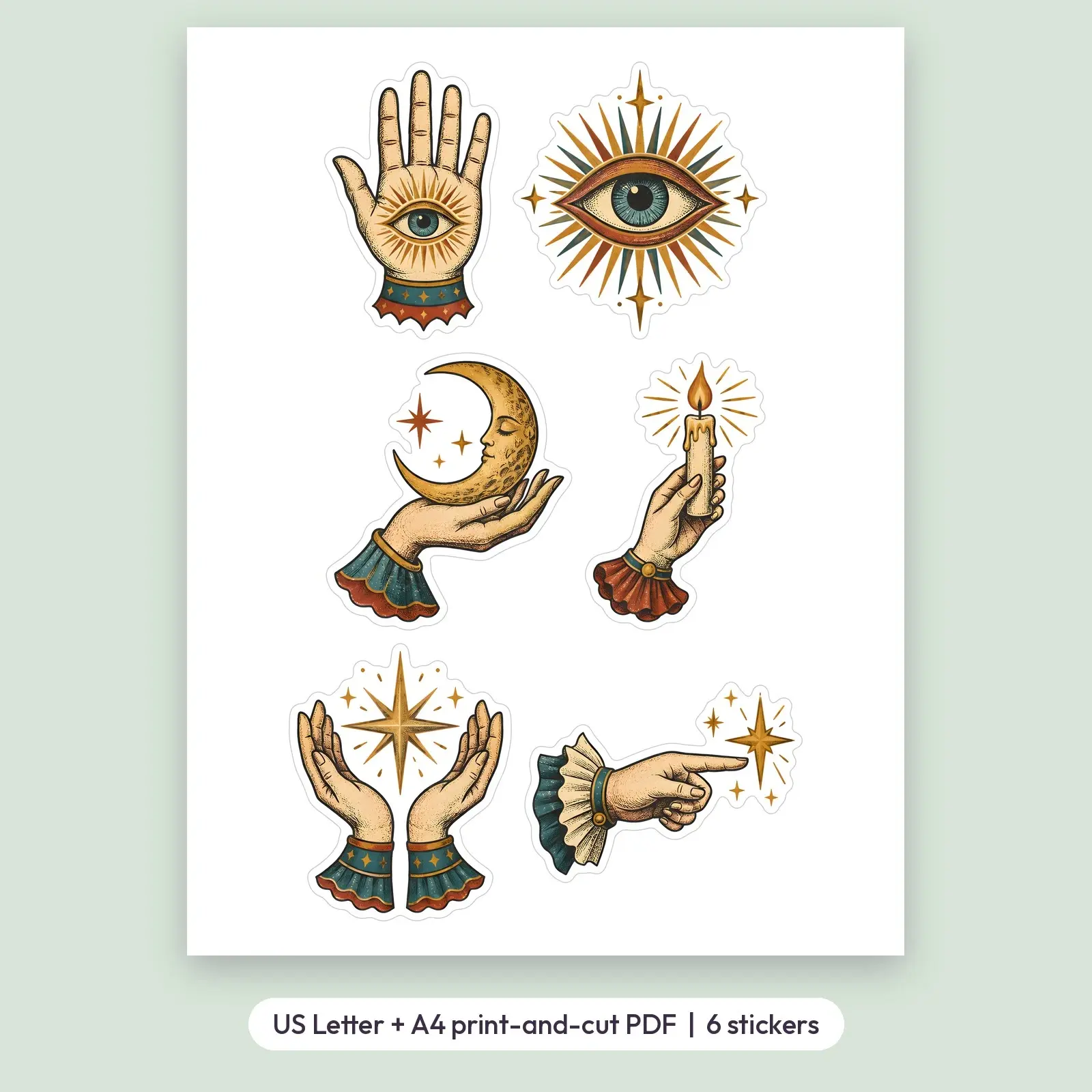 Vintage Mystic Hands and Eyes Sticker Set – 6 Printable Occult-Style Stickers, preview 2 of 3