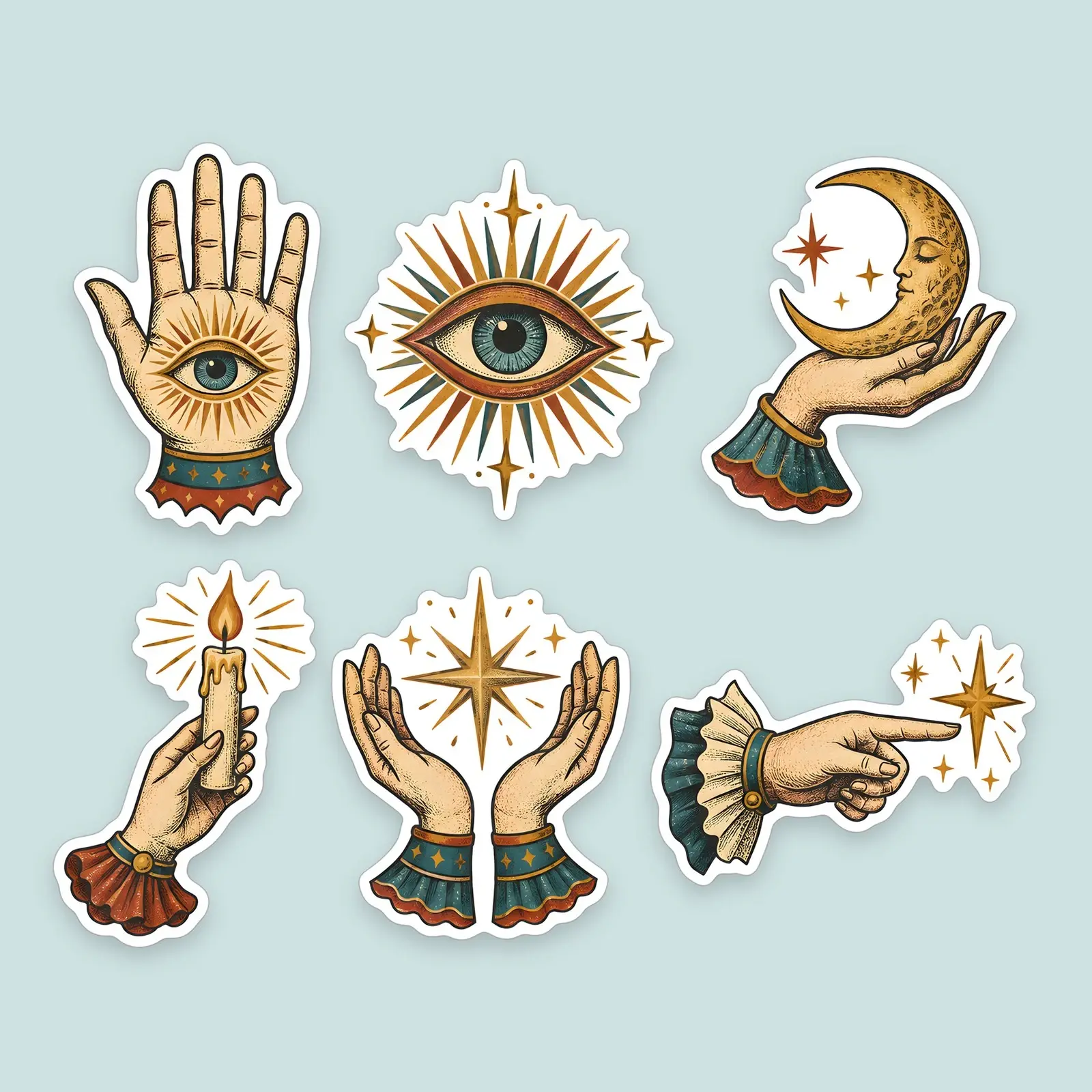 Vintage Mystic Hands and Eyes Sticker Set – 6 Printable Occult-Style Stickers, preview 1 of 3