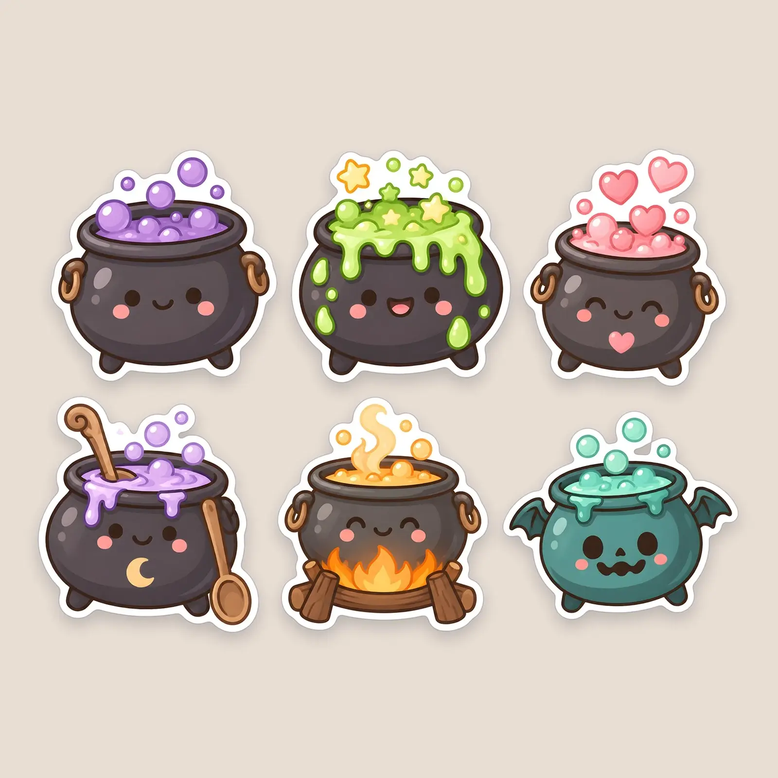 Cute Cauldron Brews Sticker Pack – 6 Kawaii Bubbling Cauldron Stickers preview