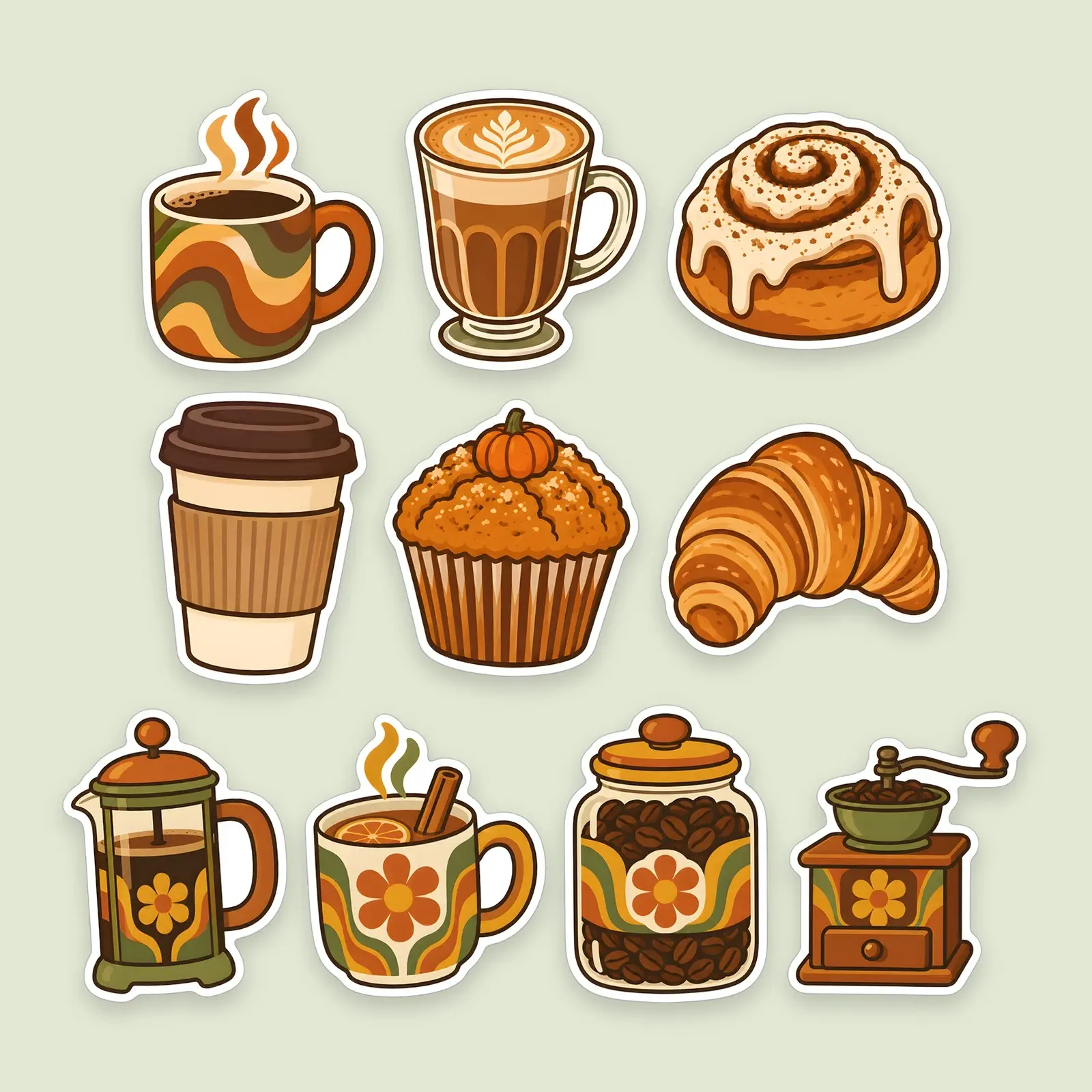 Retro Autumn Coffee Shop Sticker Pack – 10 Groovy Cozy Cafe Stickers preview