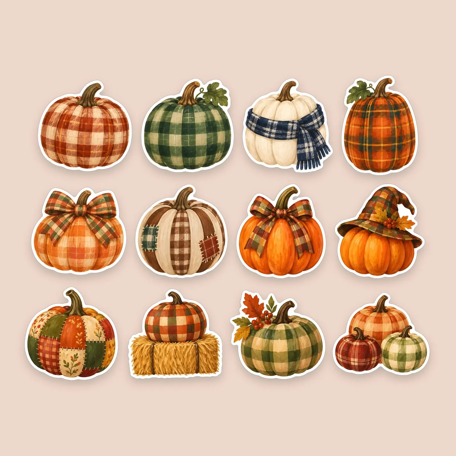 Plaid Pumpkins Sticker Set – 12 Painted Pumpkin Stickers in Cozy Plaid Patterns preview