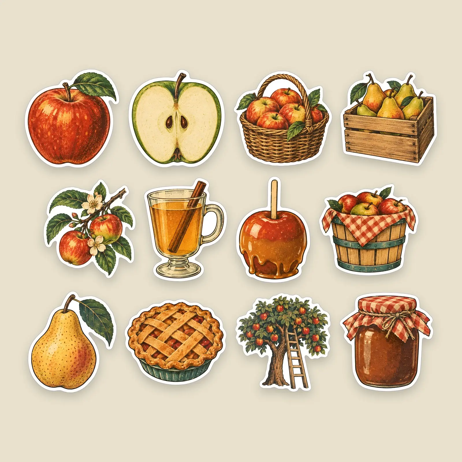 Apple Orchard Harvest Sticker Set – 12 Vintage Fruit and Orchard Stickers preview