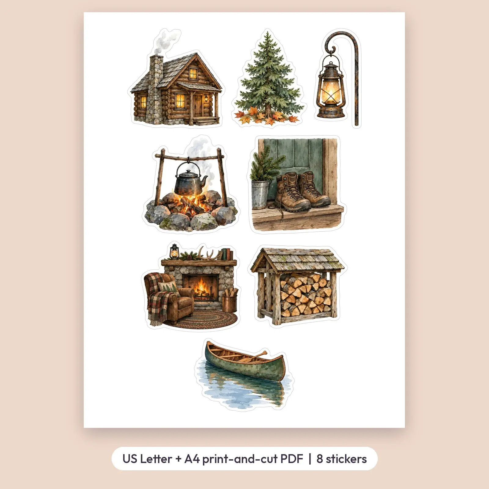 Cabin in the Woods Sticker Set – 8 Watercolor Cozy Cabin and Forest Stickers, preview 2 of 3