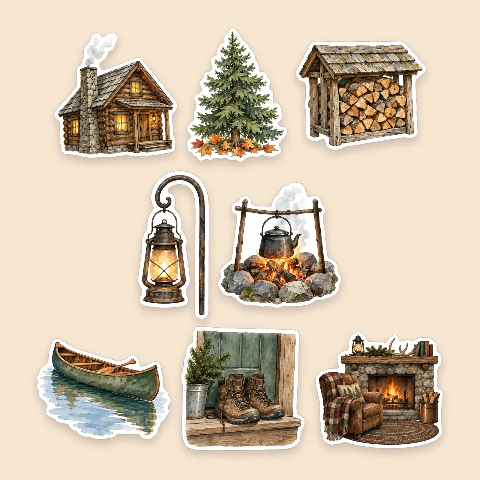 Cabin in the Woods Sticker Set – 8 Watercolor Cozy Cabin and Forest Stickers, preview 1 of 3