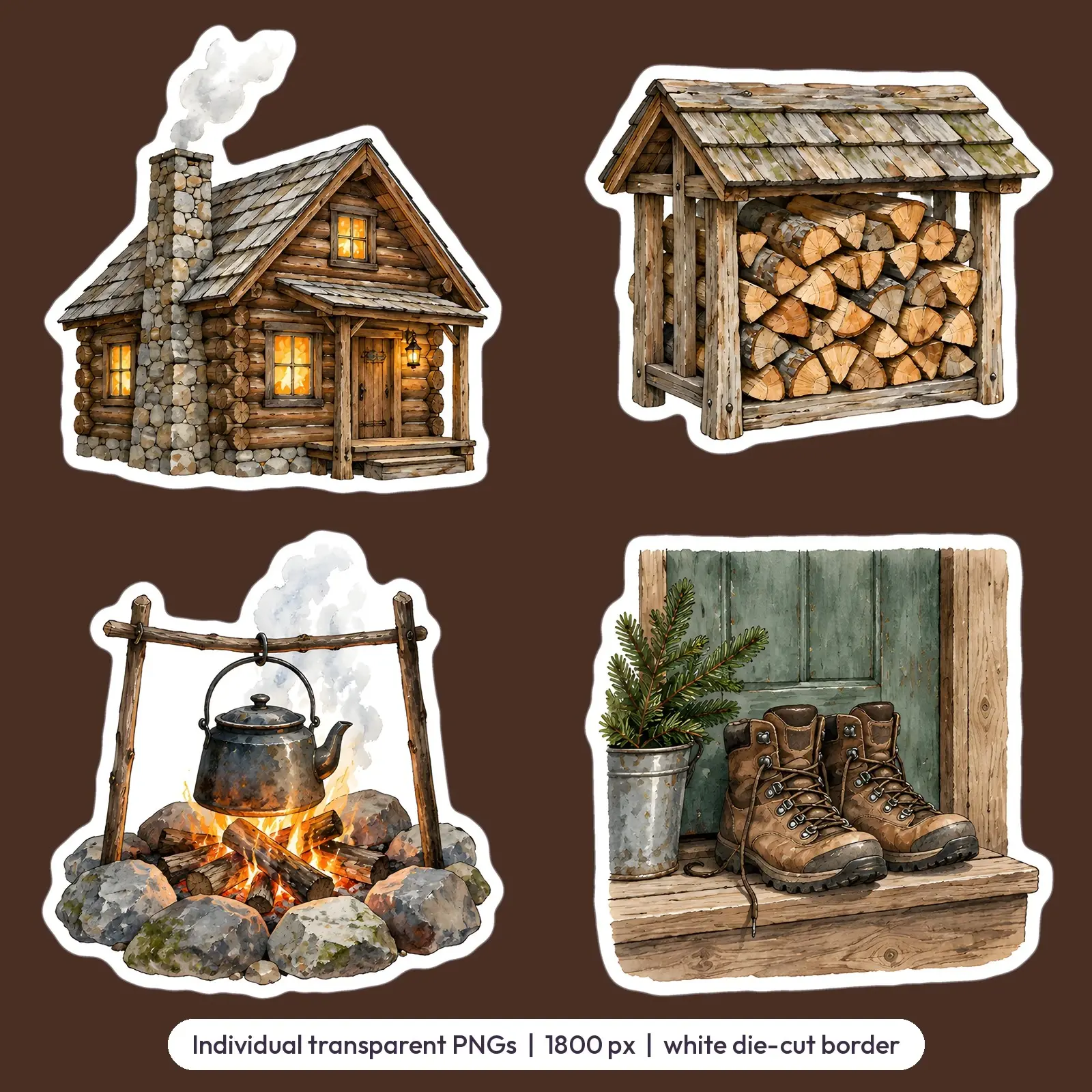 Cabin in the Woods Sticker Set – 8 Watercolor Cozy Cabin and Forest Stickers, preview 3 of 3