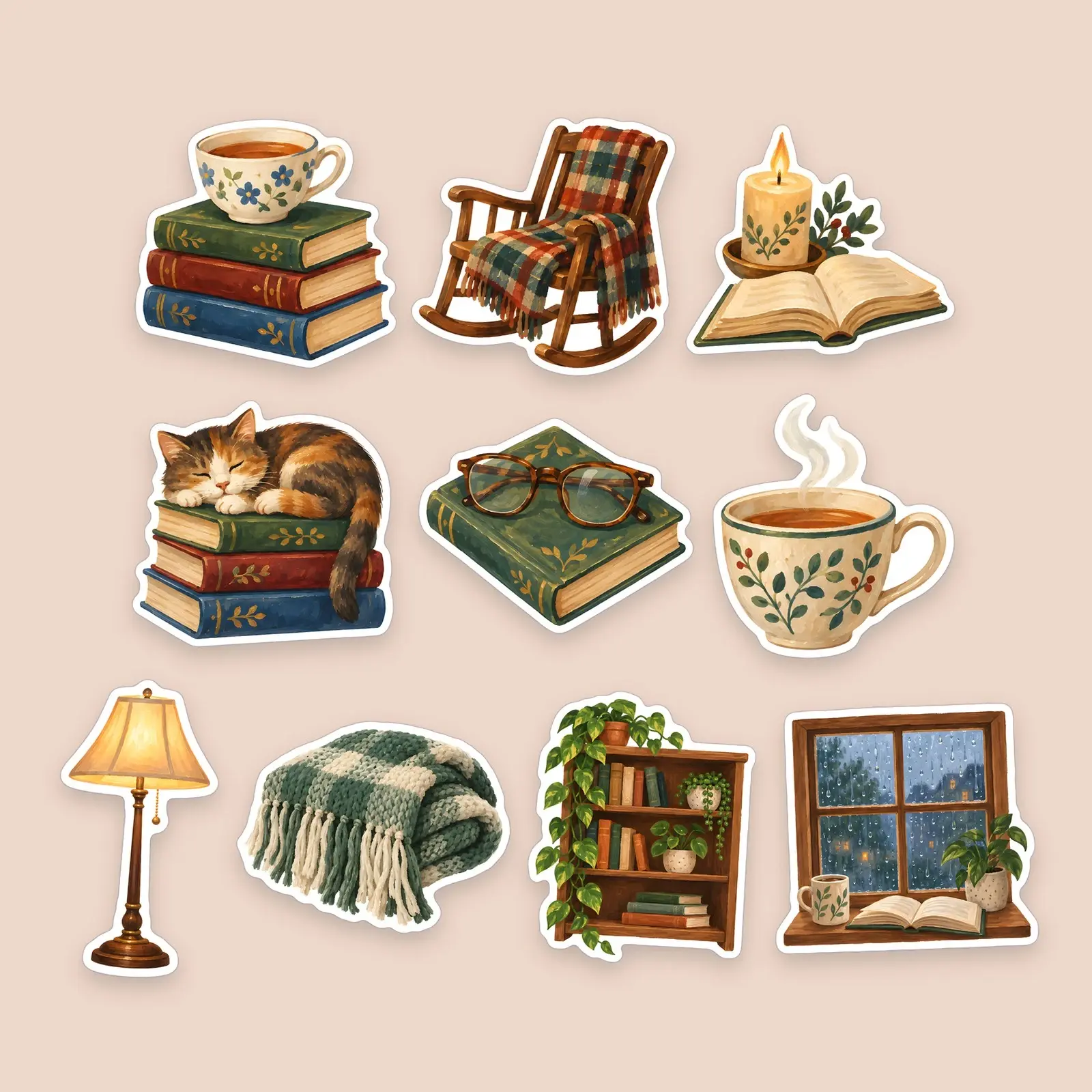 Cozy Reading Nook Sticker Pack – 10 Painted Fall Book and Blanket Stickers preview