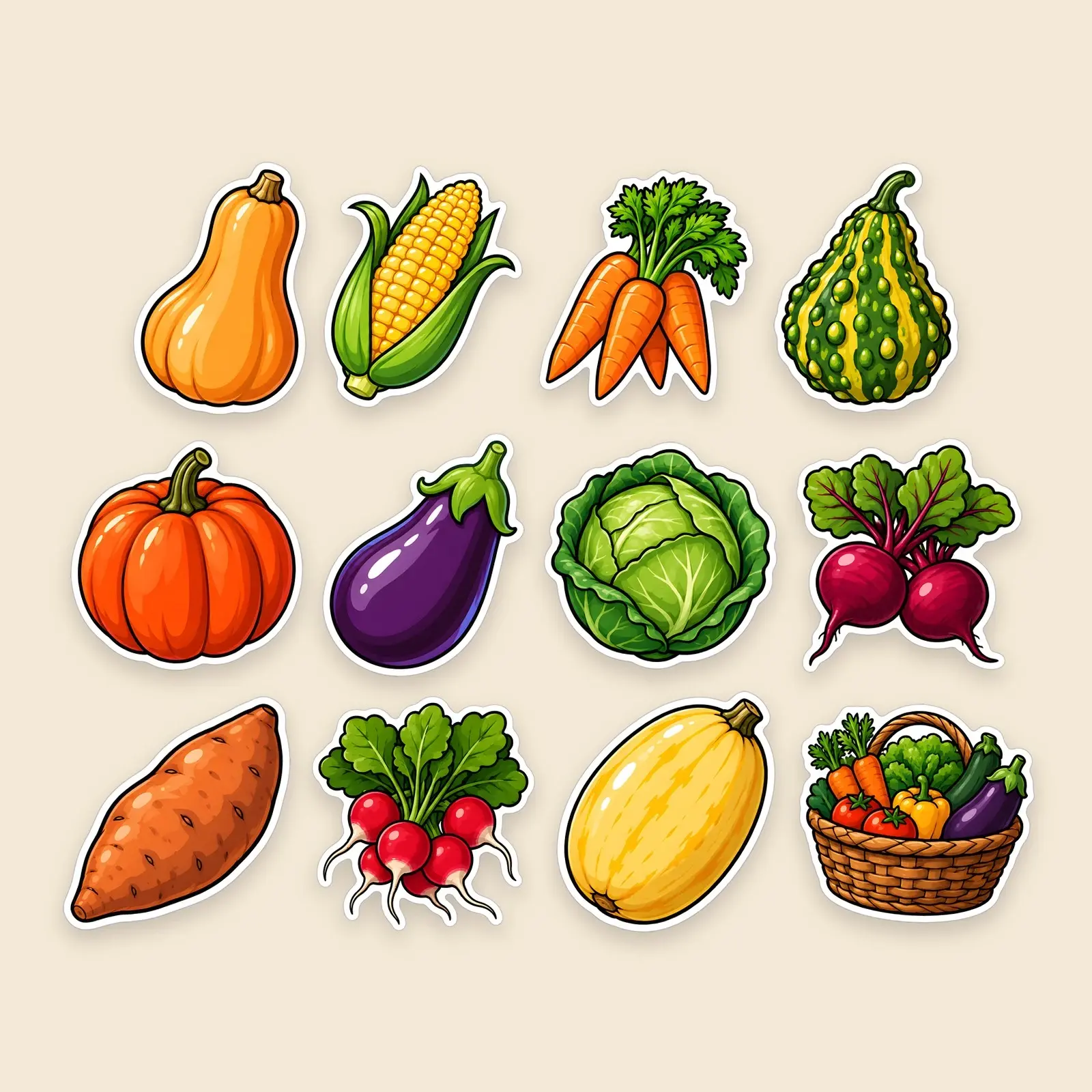 Harvest Veggies and Gourds Sticker Pack – 12 Bold Cartoon Fall Harvest Stickers preview