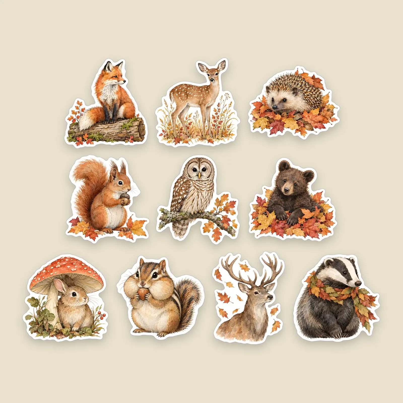 Autumn Forest Animals Sticker Pack – 10 Watercolor Woodland Animal Stickers preview