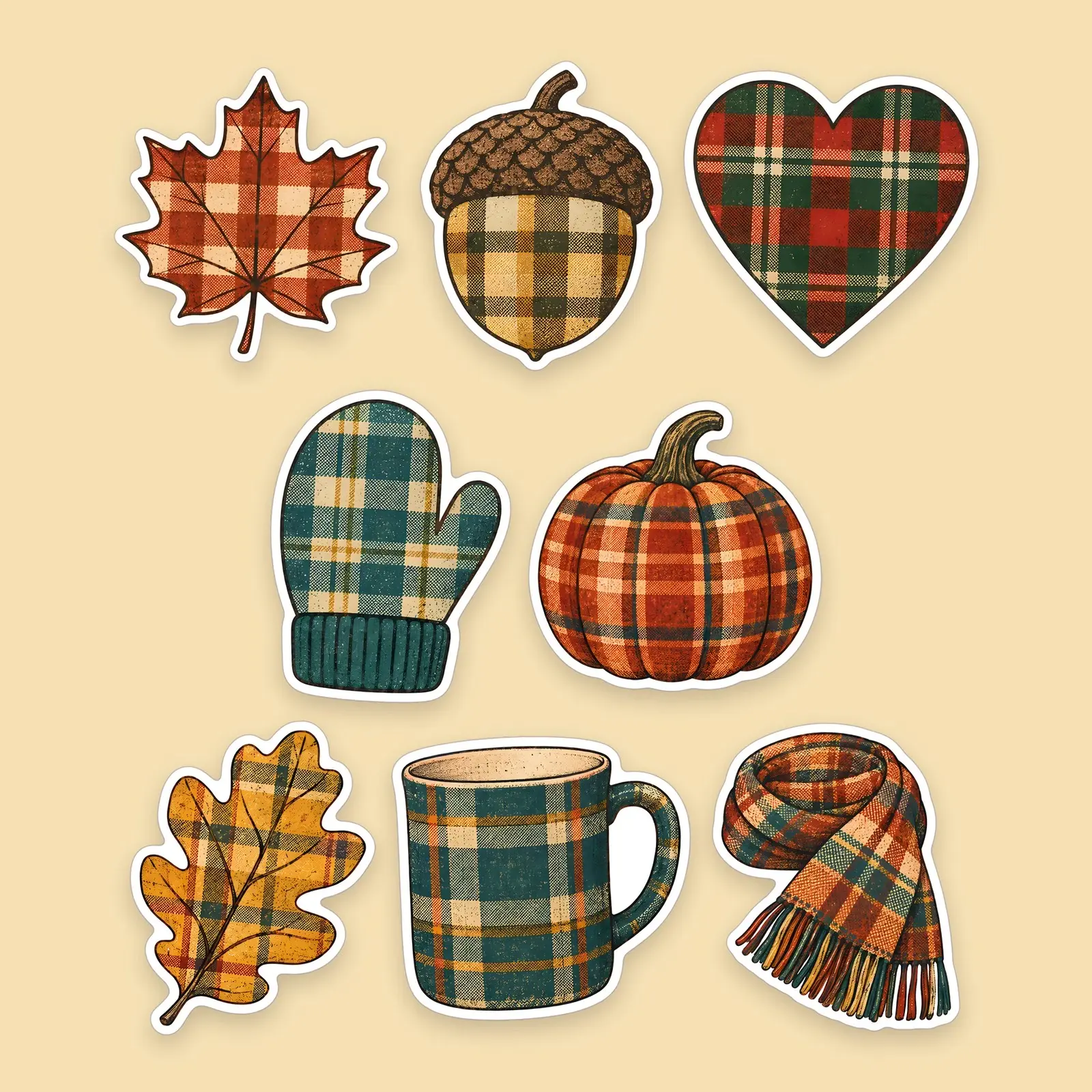 Plaid Patchwork Fall Shapes Sticker Pack – 8 Vintage Plaid Leaf and Acorn Stickers, preview 1 of 3