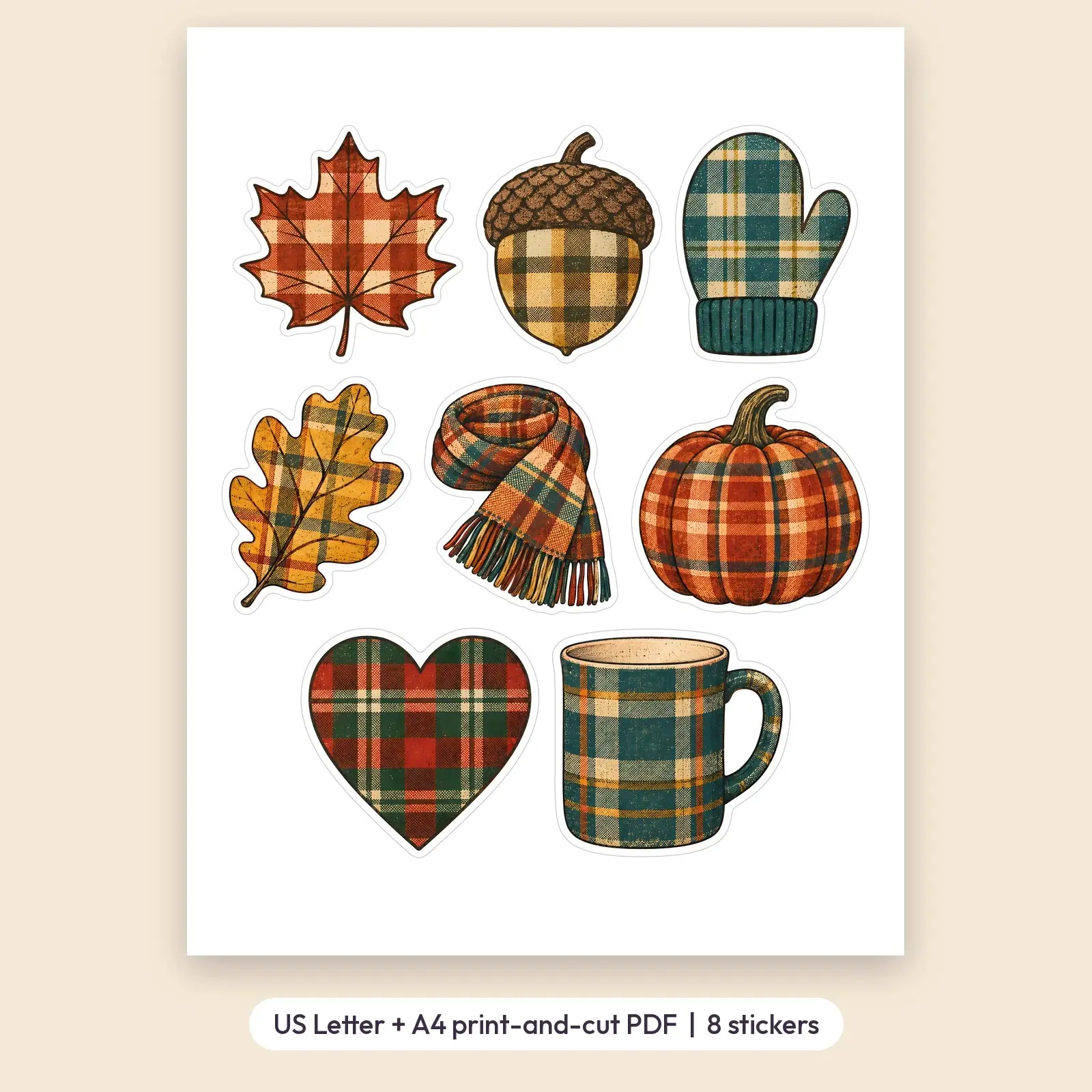 Plaid Patchwork Fall Shapes Sticker Pack – 8 Vintage Plaid Leaf and Acorn Stickers, preview 2 of 3