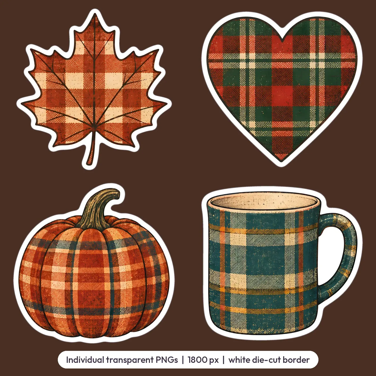Plaid Patchwork Fall Shapes Sticker Pack – 8 Vintage Plaid Leaf and Acorn Stickers, preview 3 of 3