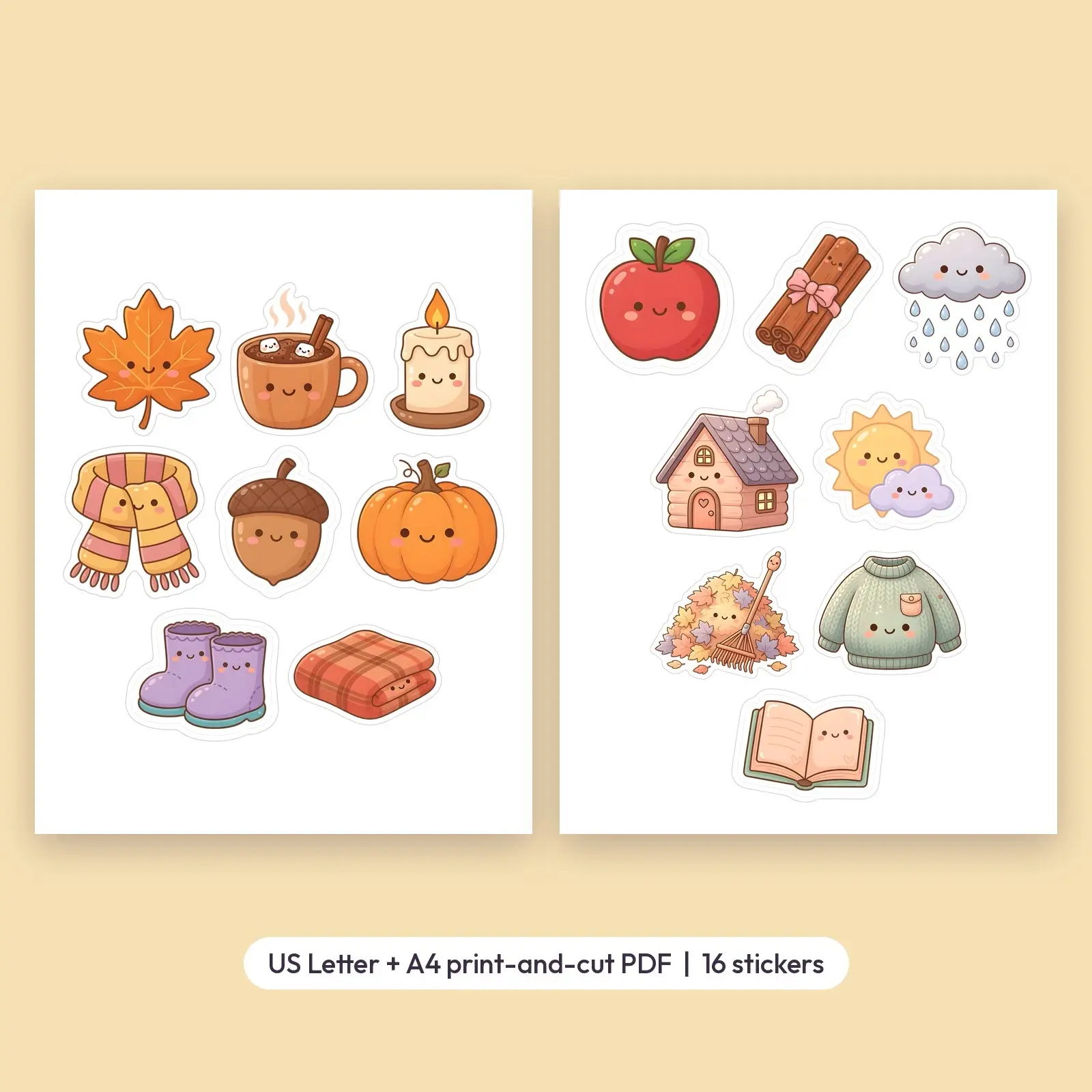 Fall Planner Essentials Sticker Pack – 16 Kawaii Autumn Icon Stickers, preview 2 of 3