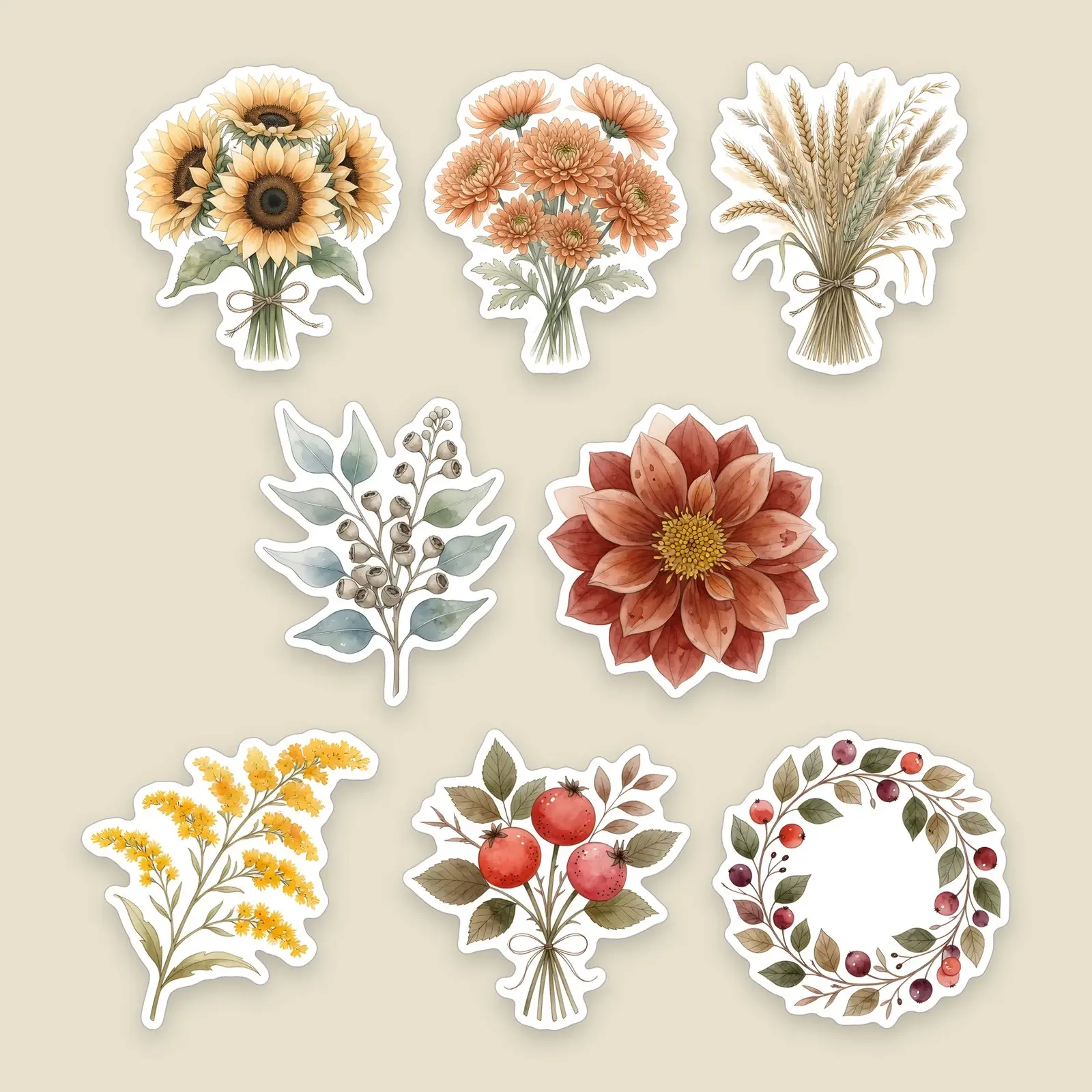 Autumn Wildflowers and Harvest Bouquets Sticker Set – 8 Watercolor Floral Stickers preview