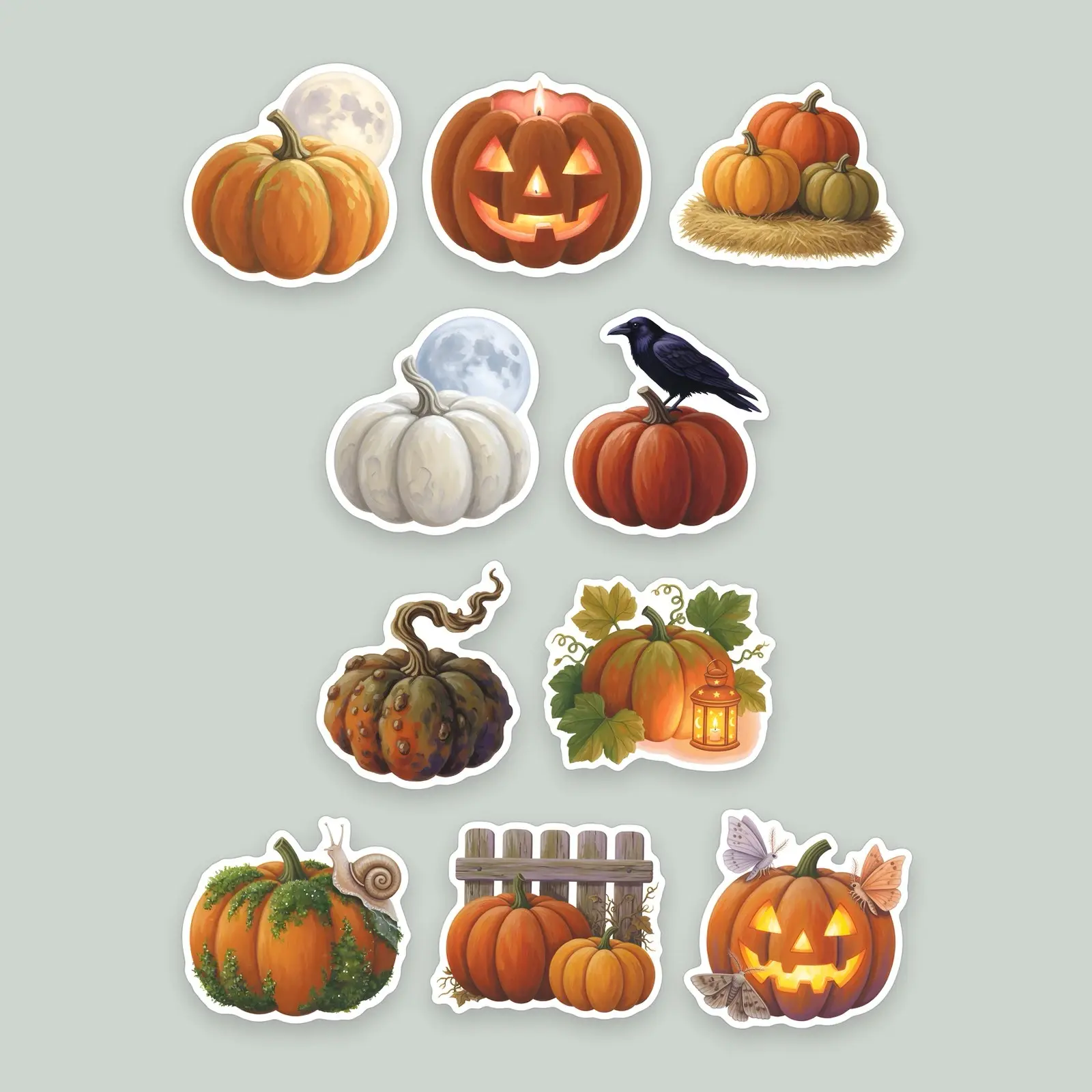 Moonlit Pumpkins Sticker Pack – 10 Painted Harvest Moon Pumpkin Stickers preview