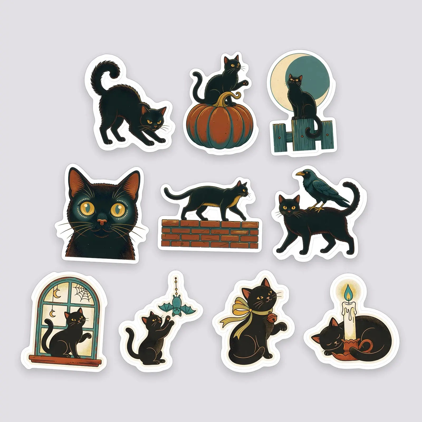 Vintage Black Cats Sticker Pack – 10 Halloween Cat Illustrations preview