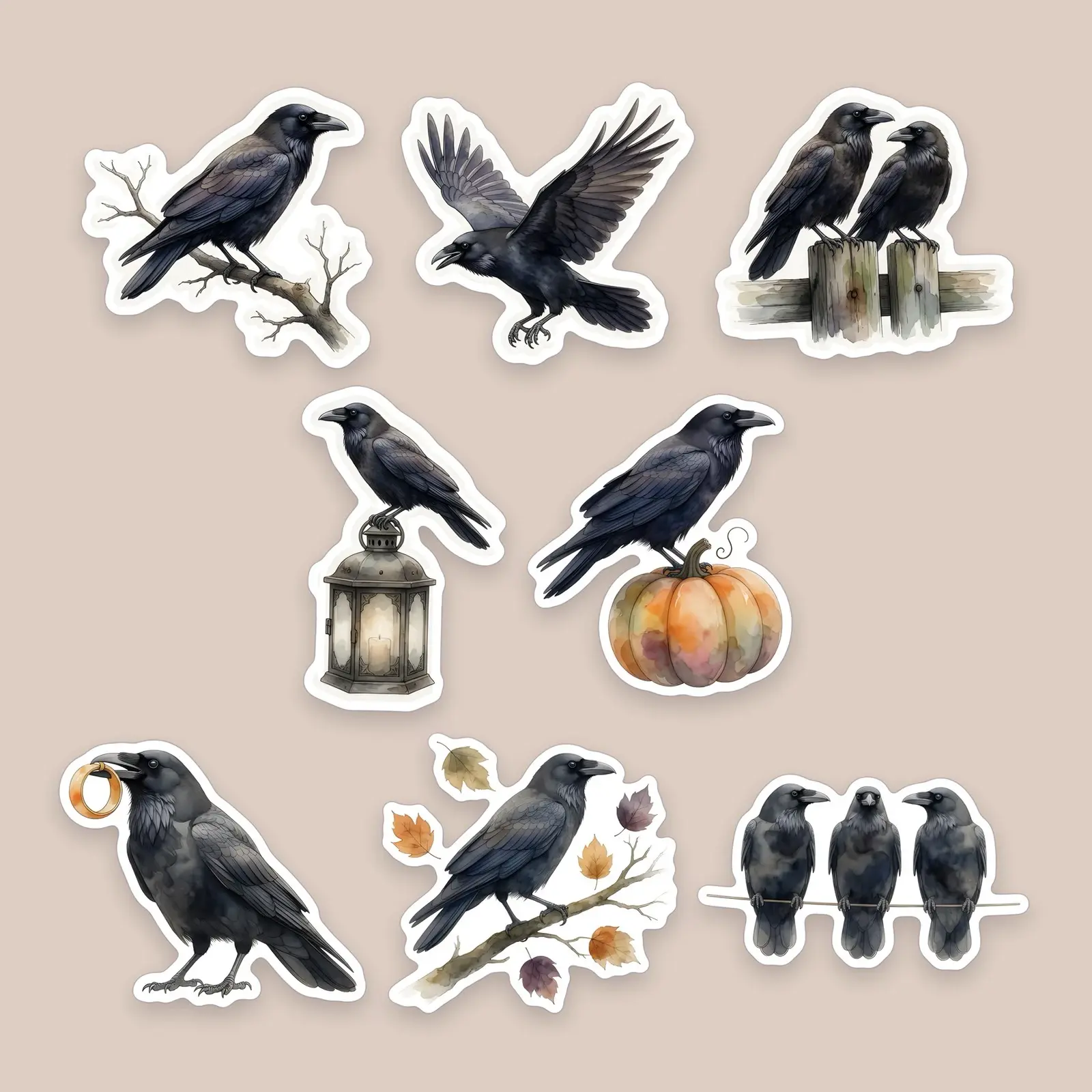 Crows and Ravens Sticker Set – 8 Watercolor Moody Crow Stickers preview