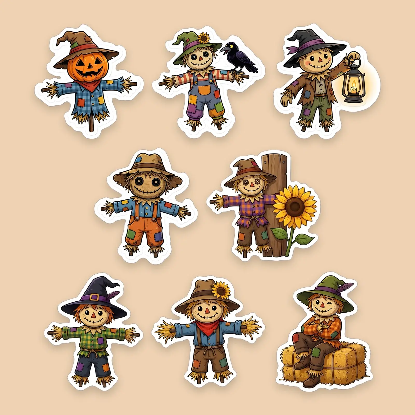 Spooky Scarecrow Patch Sticker Set – 8 Bold Cartoon Scarecrow Stickers preview