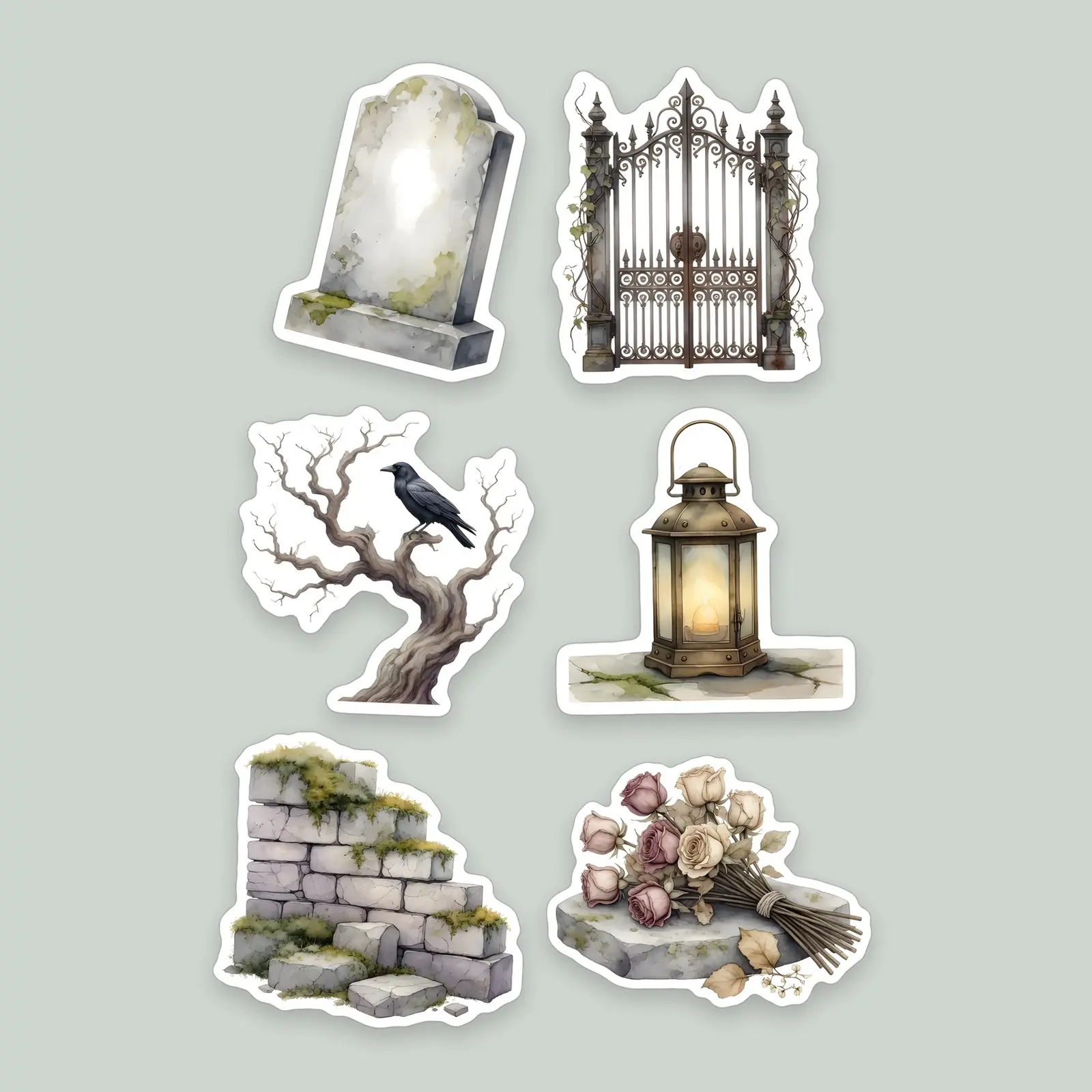 Misty Graveyard Sticker Set – 6 Watercolor Gothic Cemetery Stickers preview