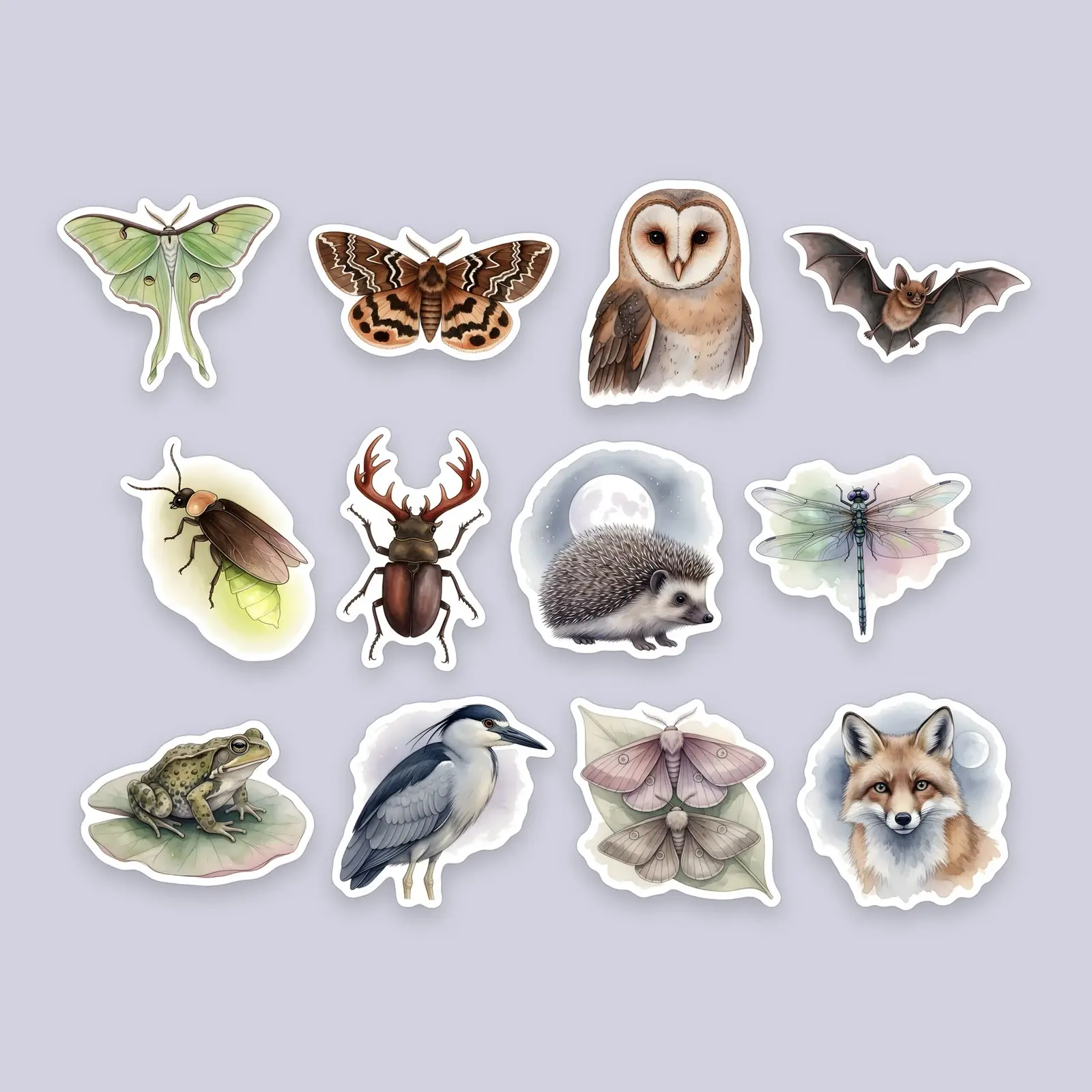 Night Creatures and Moths Sticker Pack – 12 Watercolor Nocturnal Stickers preview