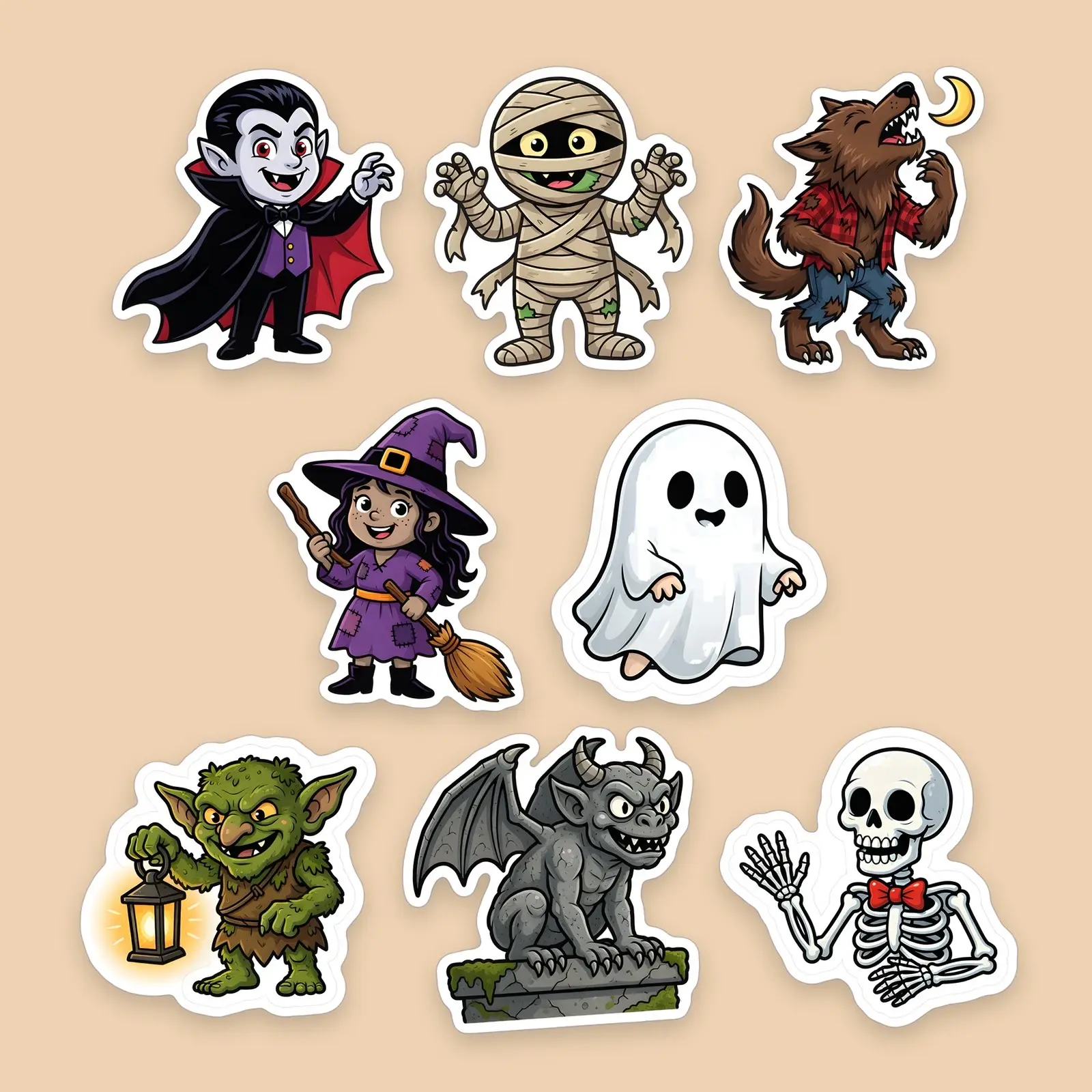 Classic Halloween Monsters Sticker Pack – 8 Bold Cartoon Folklore Monster Stickers preview