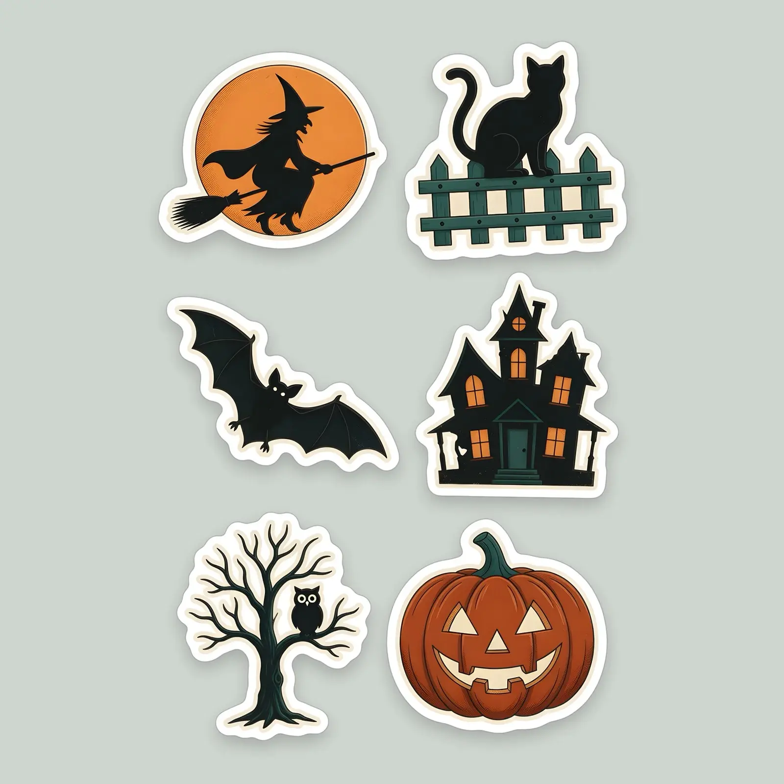 Vintage Halloween Silhouettes Sticker Set – 6 Black and Orange Paper-Cut Style Stickers preview