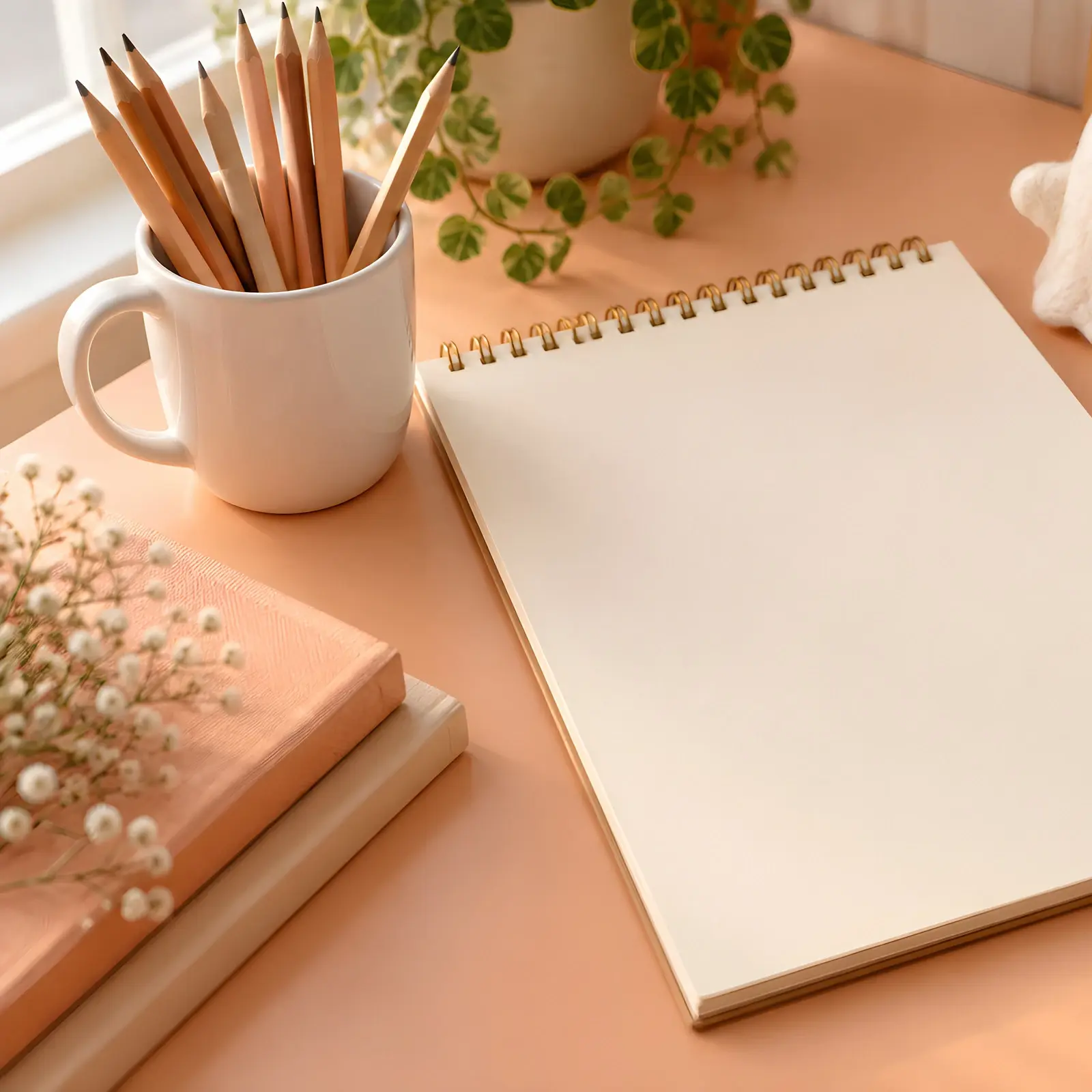 Kawaii Ghost Peach Desk Workspace Stock Images - 4 Digital Photos with Copy Space preview