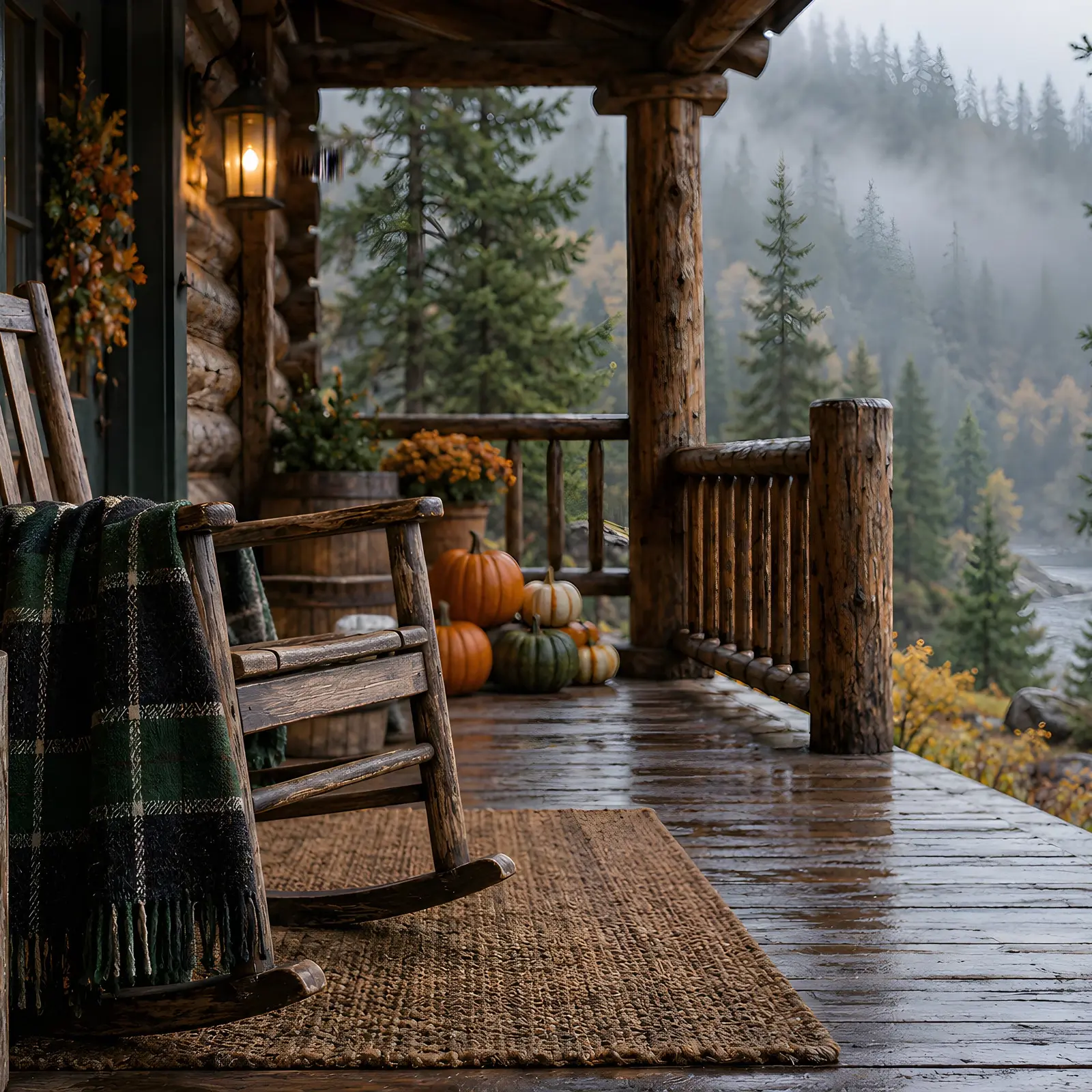 Forest Green Cabin Porch in Autumn Stock Images - 4 Digitally Created High-Res JPG Photos preview